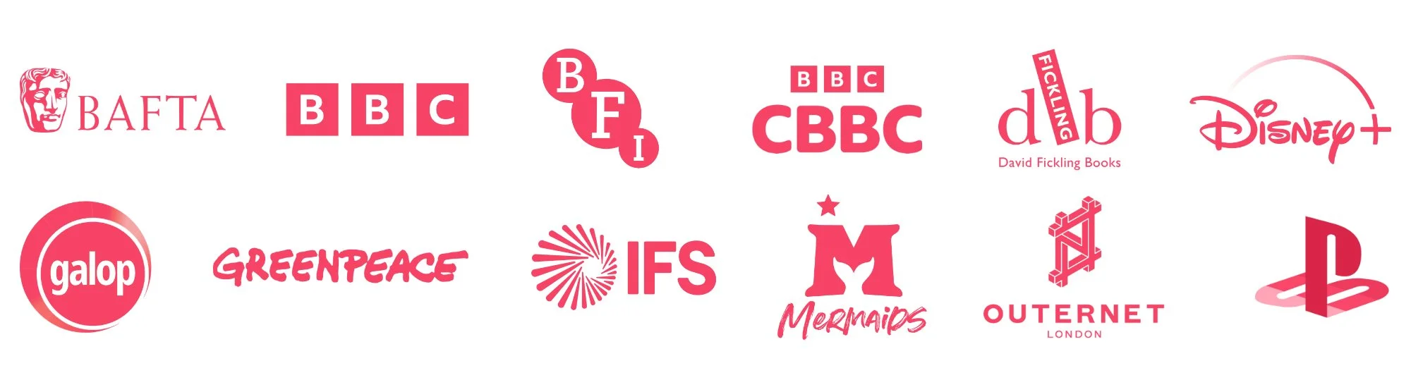 chicken fruit animation client logos bafta bbc bfi british film institute cbbc dfb david fickling books disney plus disney+ galop lgbtq+ charity greenpeace IFS mermaids charity transgender outernet london playstation ps5 psvr