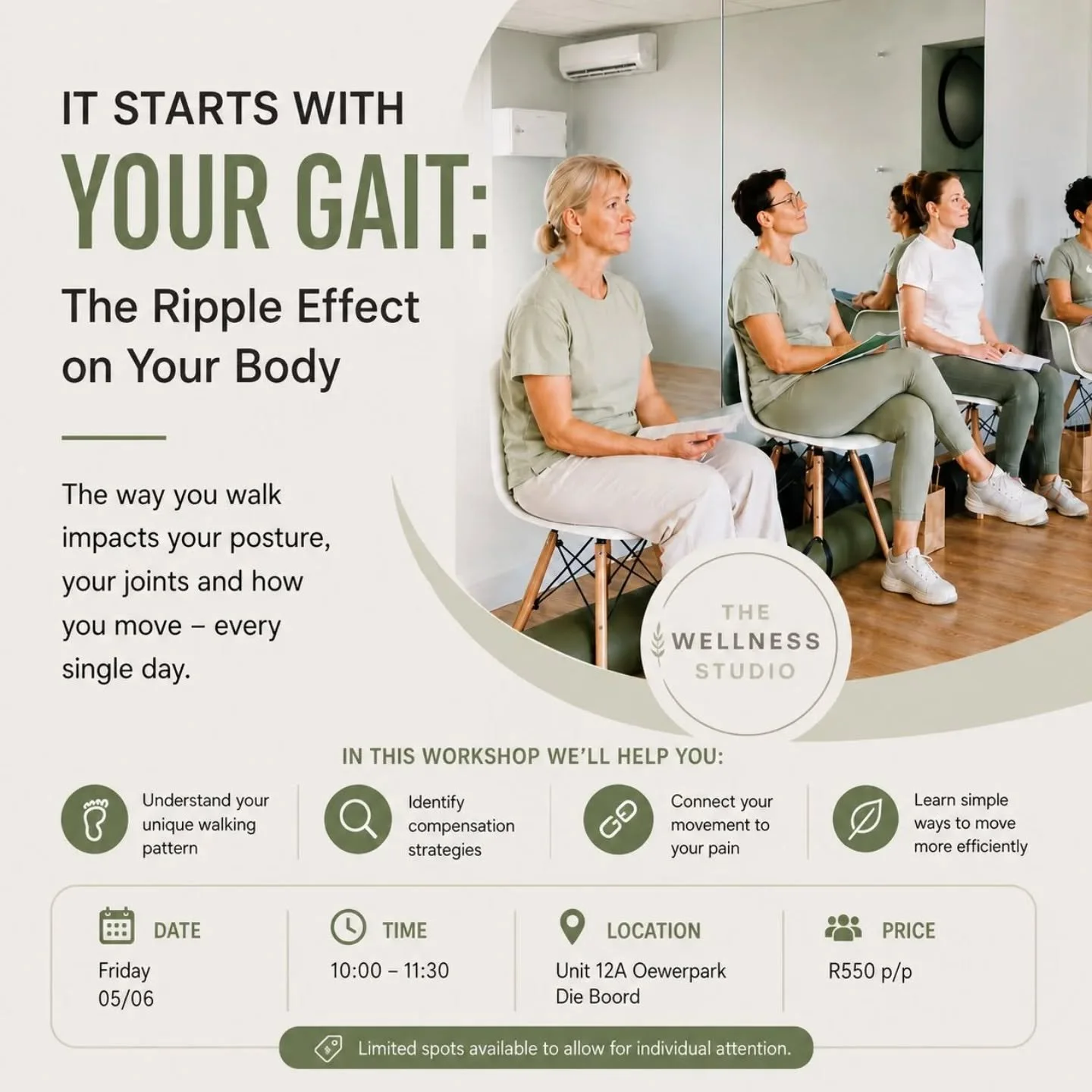 📌05/06 - WORKSHOP:
It starts with your gait - hosted by a registered biokineticist, Danielle. 

In our upcoming workshop we explain how your gait is linked to hip, knee or back pain and how the body compensates for these imbalances. 

To book 1 of 5