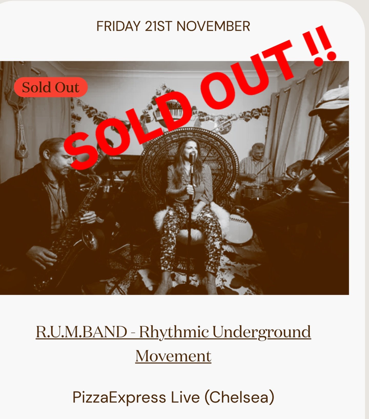 SOLD OUT !! 
💥 💥 💥 

See you there!
21.11.25

* Waitlist available *

@pizzaexpresslive 
@rum_band 
@ama_lia_artist 
@michaelbailey490