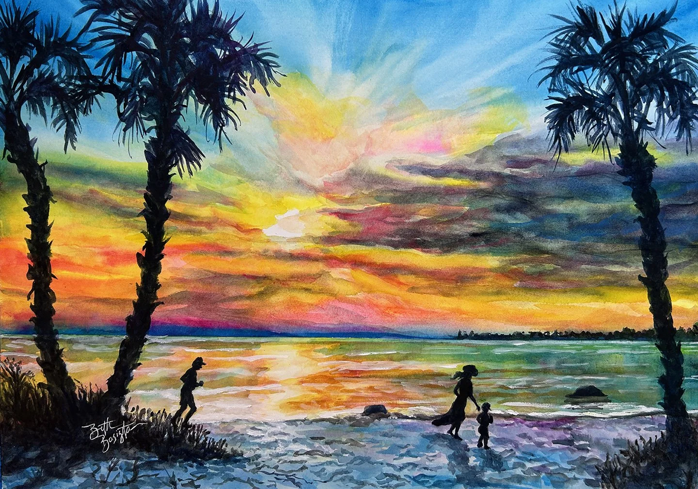 This watercolor painting of a sunset was painted by Beth Basista. Using watercolors, Basista uses vivid expressive colors to capture the final moment of fun at the beach.