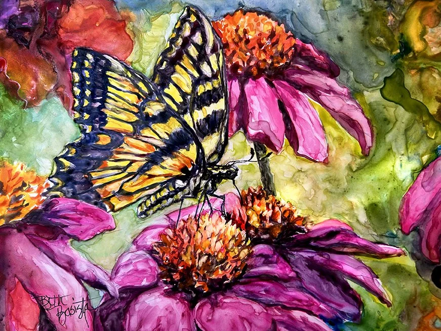 Butterfly painting by Beth Basista on Yupo paper using watercolors.