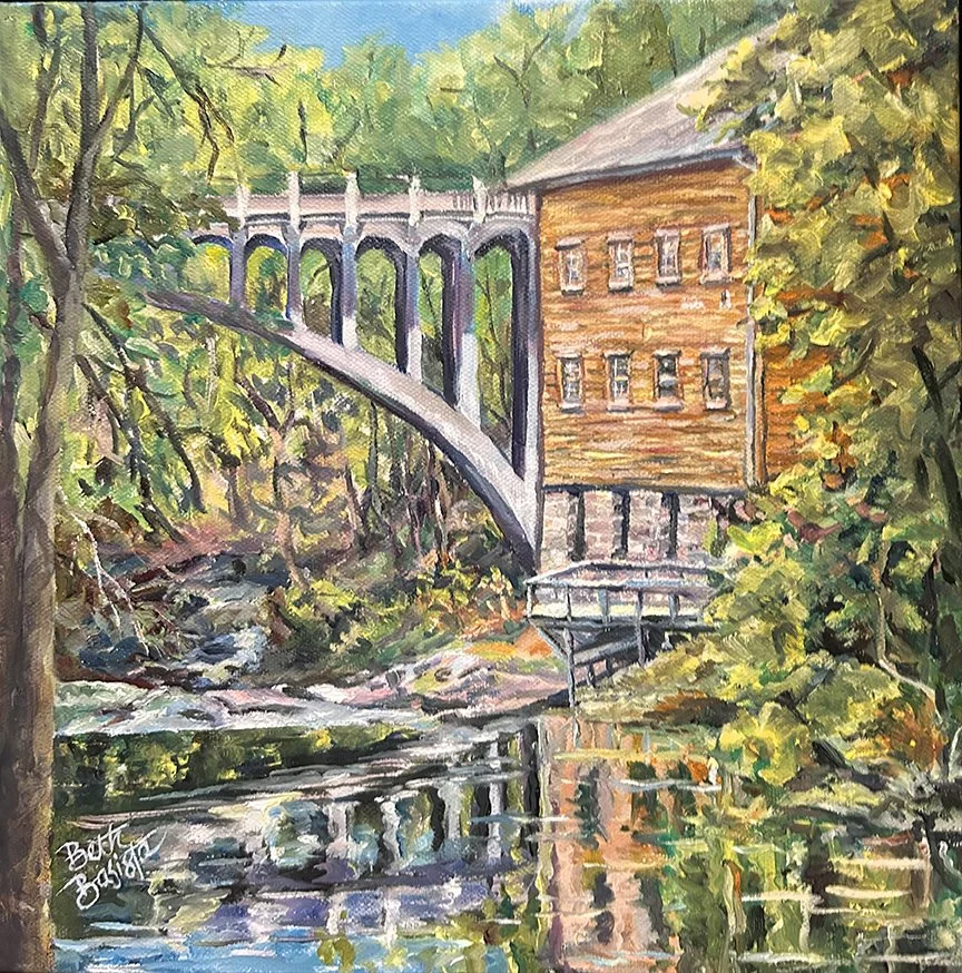 Beth Basista painted behind the old mill en plein air using oils. The Lanterman's Mill in Mill Creek Park is a favorite destination.