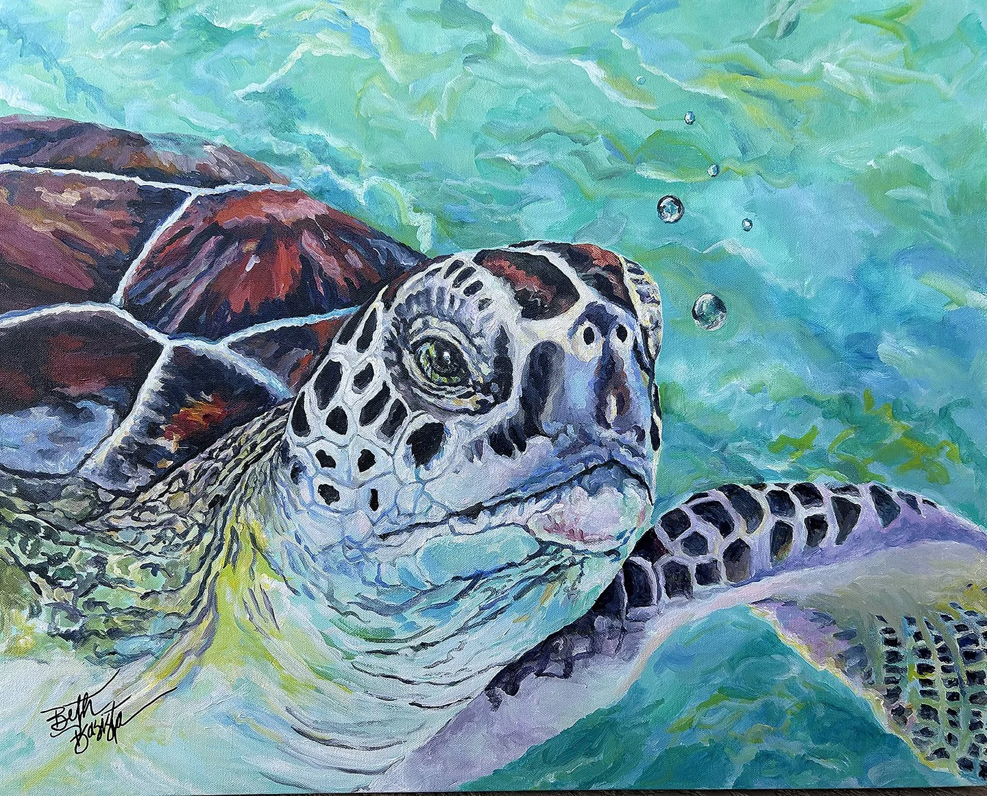 This acrylic painting of a turtle swimming under the sea, with air bubbles and beautiful color. Beth Basista painted this turtle in her semi impressionism style with vivid acrylic colors.