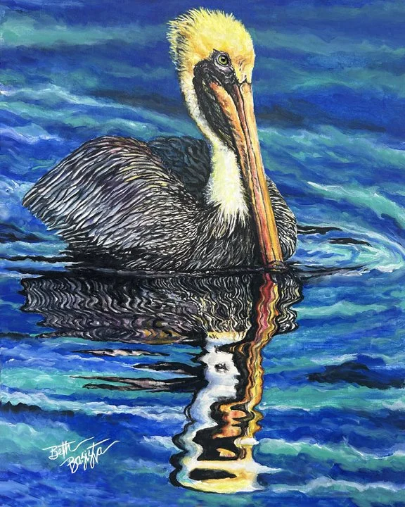 Beth Basista, known for painting birds and landscapes. This painting of the Brown Pelican by Beth Basista was first painted in Watercolors and then overlaid with acrylics.