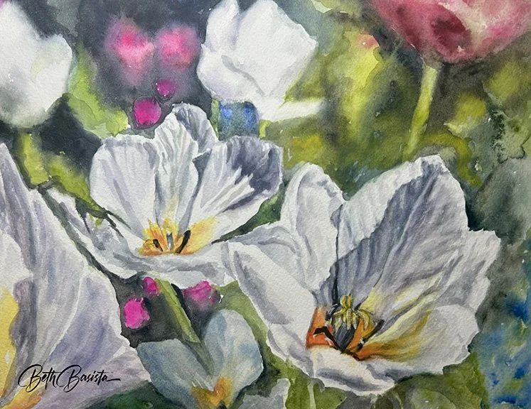 A painting of White tulips by Beth Basista. Fellows Riverside Gardens in Mill Creek Metro Parks..