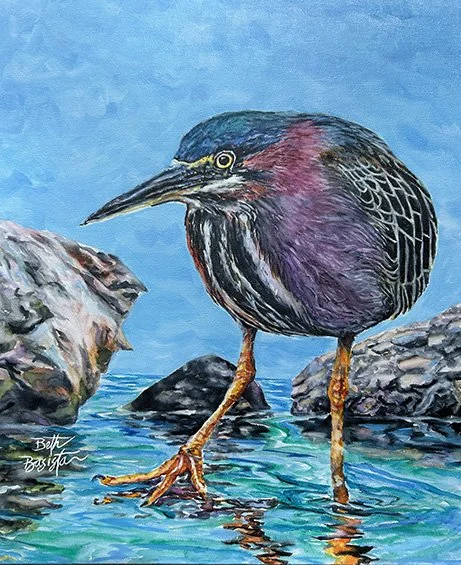 painting of a green heron. Beth Basista painted Technicolor Green Heron on a 16x20 frameless canvas using watercolors, acrylics and oils.