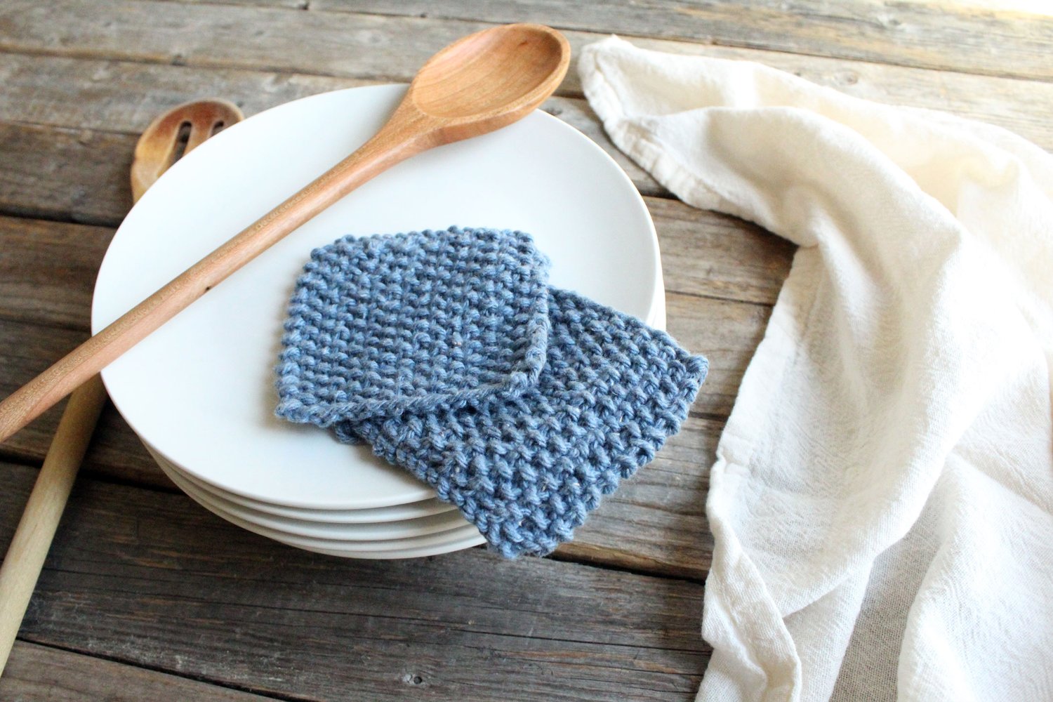100% Cotton Hand-Knit Dish Scrubber, Set Of 2 In Denim — nest handmade