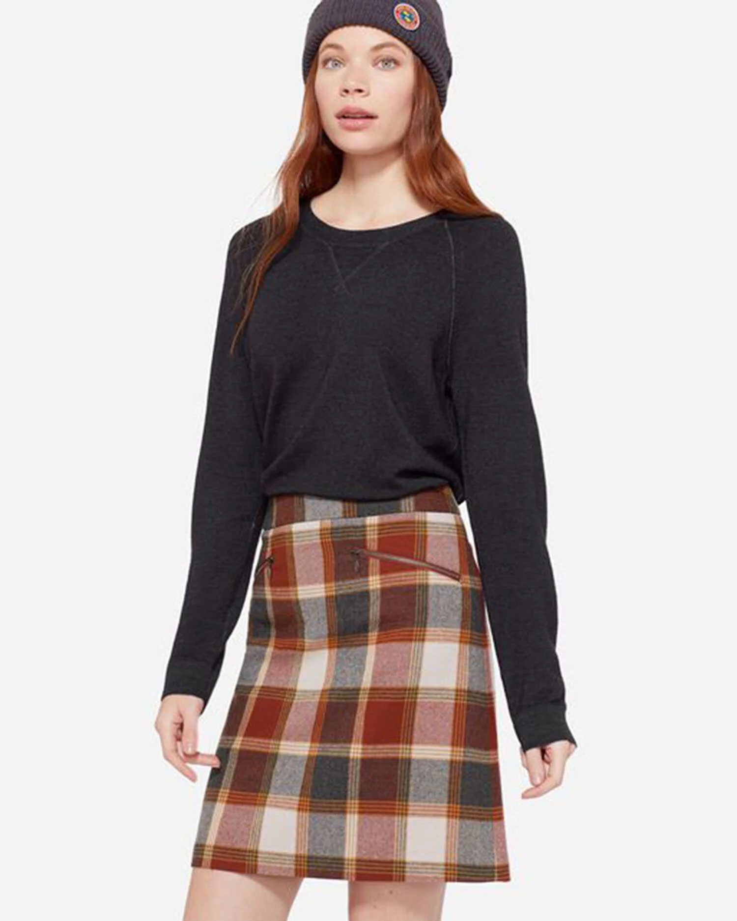  F18 Marlowe Wool Skirt (Burgundy Block Plaid) in Umatilla Wool. Designed silhouette and collaborated with Fabric Design team to develop plaid.  Photo by Pendleton  