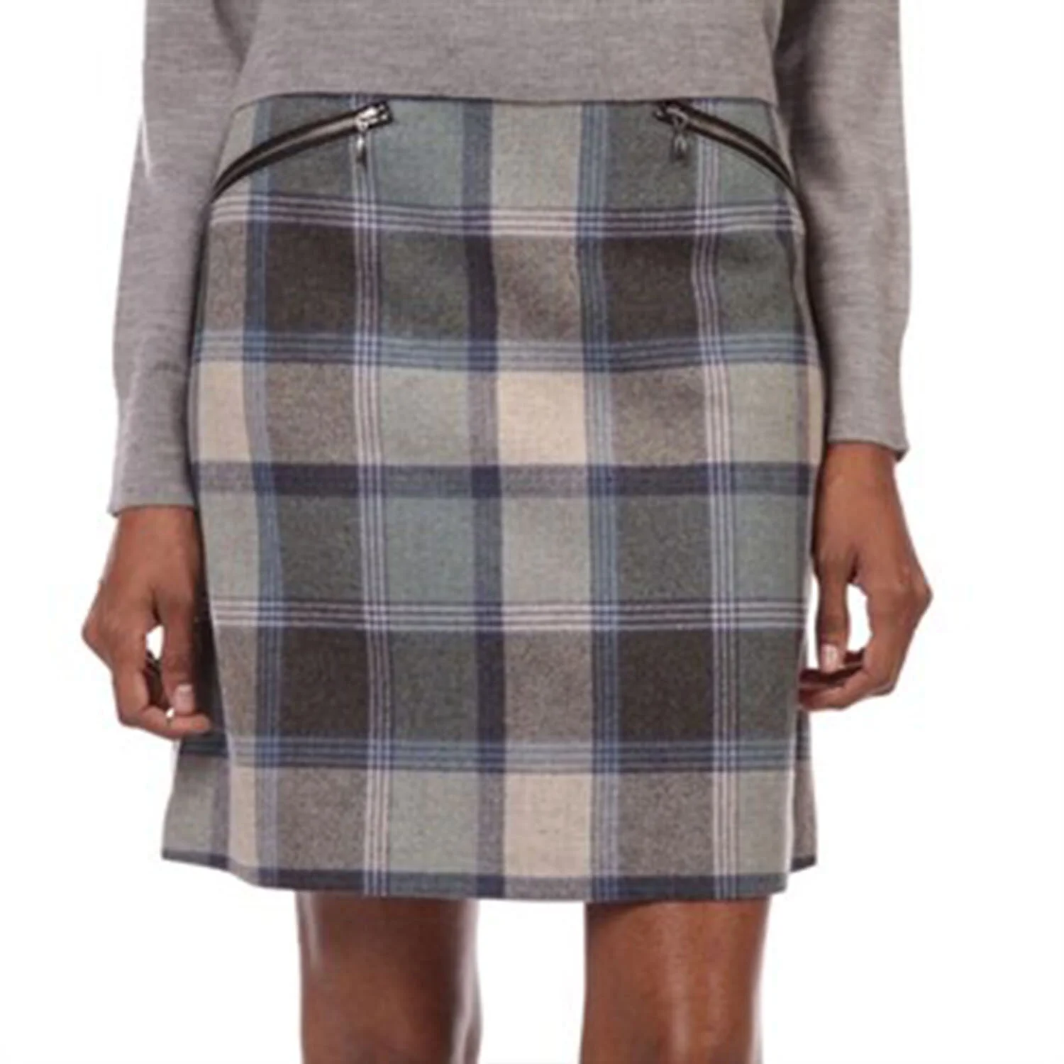  F18 Marlowe Wool Skirt (Blue Block Plaid) in Umatilla Wool. Designed silhouette and collaborated with Fabric Design team to develop plaid.  Photo by Pendleton  