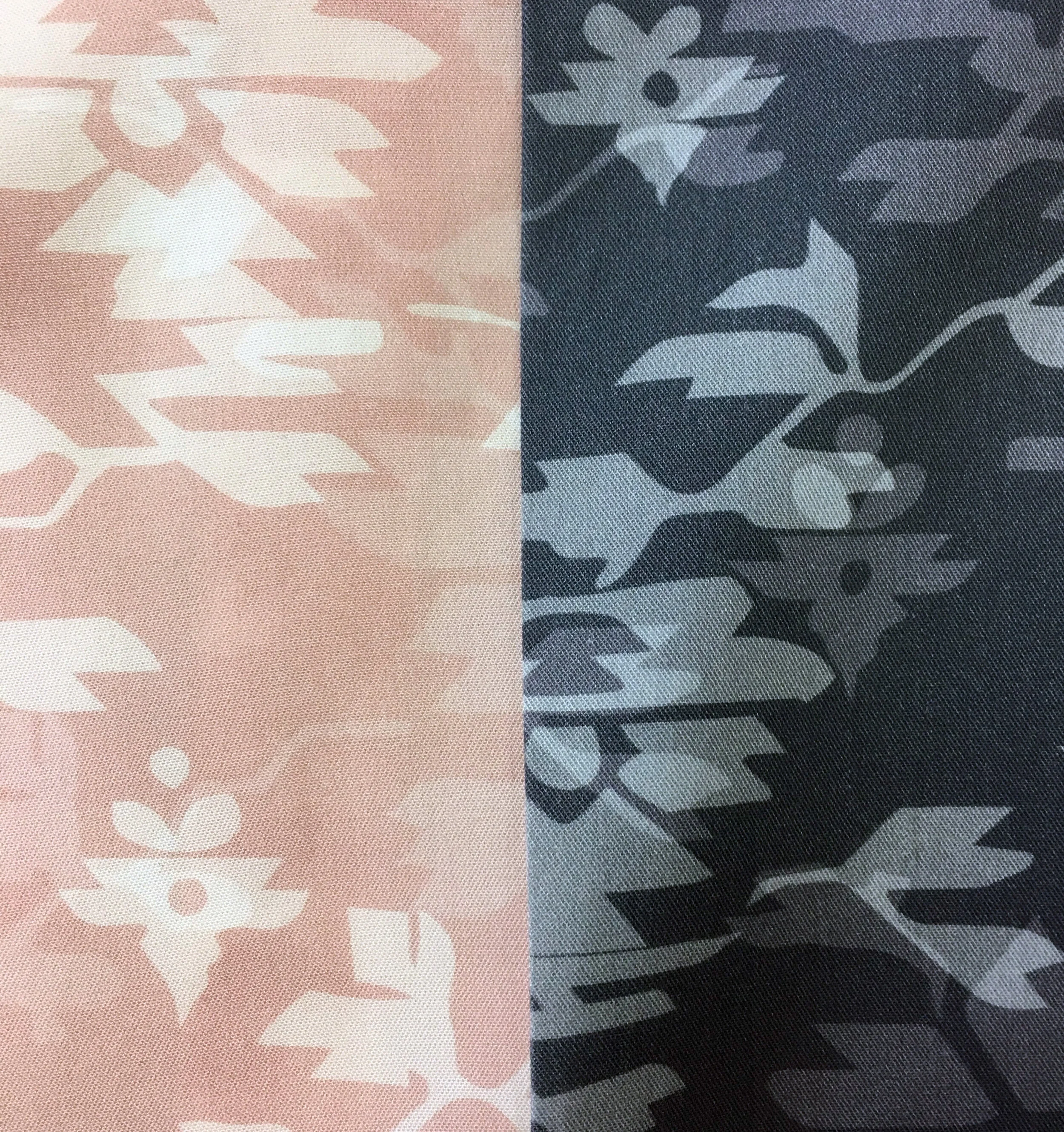  Café Crème and Blue Floral Prints Detail. F18 Floral Print Shirt (Blue Floral) in Tencel. Collaborated with Surface Textile Designer and Color Developer on discharge print. 