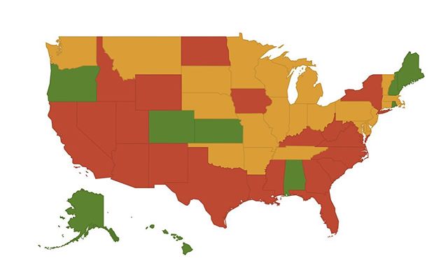 OBC Rights Map
.
Green= Unrestricted states- adoptees have the right to apply for and obtain an original birth certificate without any restrictions or conditions, other than following general procedures for obtaining a state vital record. Yellow= Com