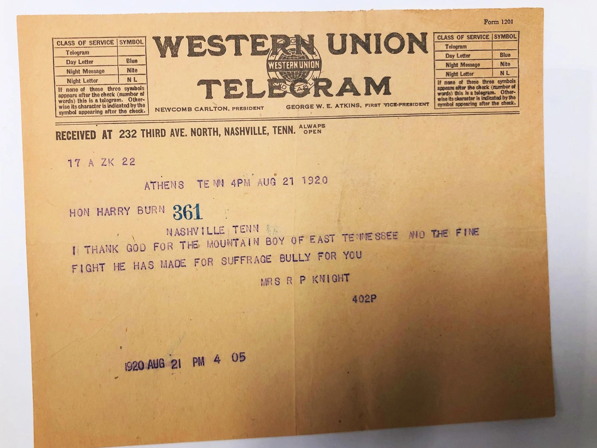 One of MANY telegrams we saw during research congratulating Harry T. Burn on his deciding vote to ratify the 19th and grant women the right to vote.