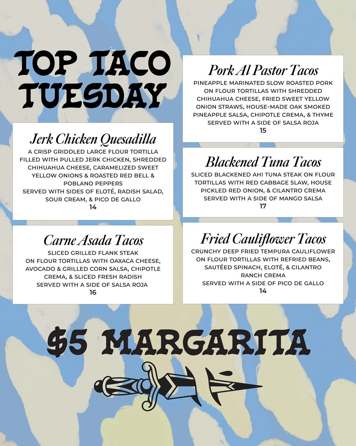 The weekly tacos, ya filthy animals 🥸🌮 and of course, THE TRADITIONAL $5 MARGARITA