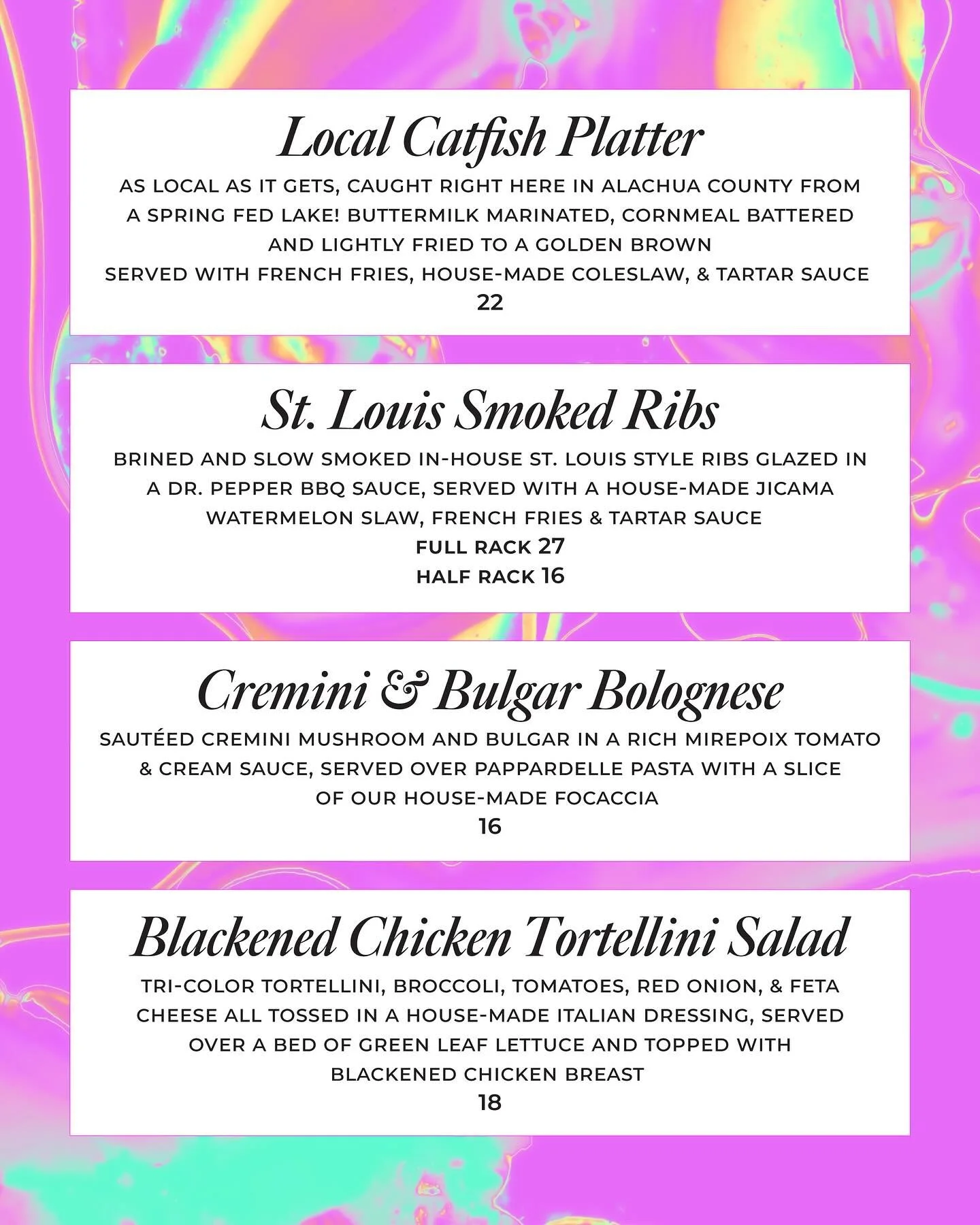 My sweet funky doggies! Check out the weekend specials! We went fishing for some catfish for ya! The city is absolutely buzzing today, is something going on? 🧐 LOL just kidding ya freaky puppies, GO GATORS! We’ll have the game on all the TVs (