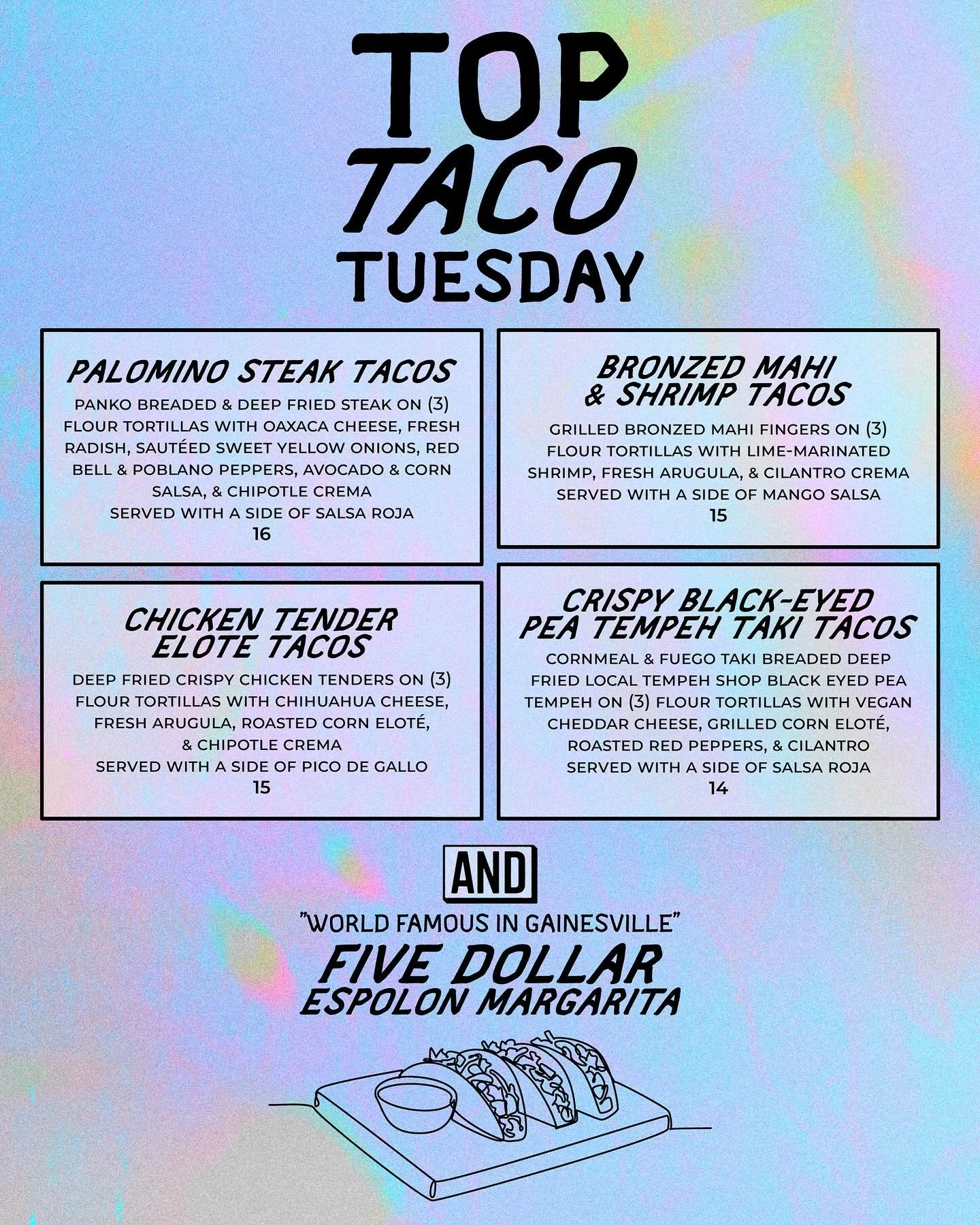 Have YOU 🫵 tried a world famous (in Gainesville) $5 TOP Espolon margarita? Well what are ya waiting for, ya mystical mutts?! Get some black-eyed pea (tempeh) in your life and live a little!