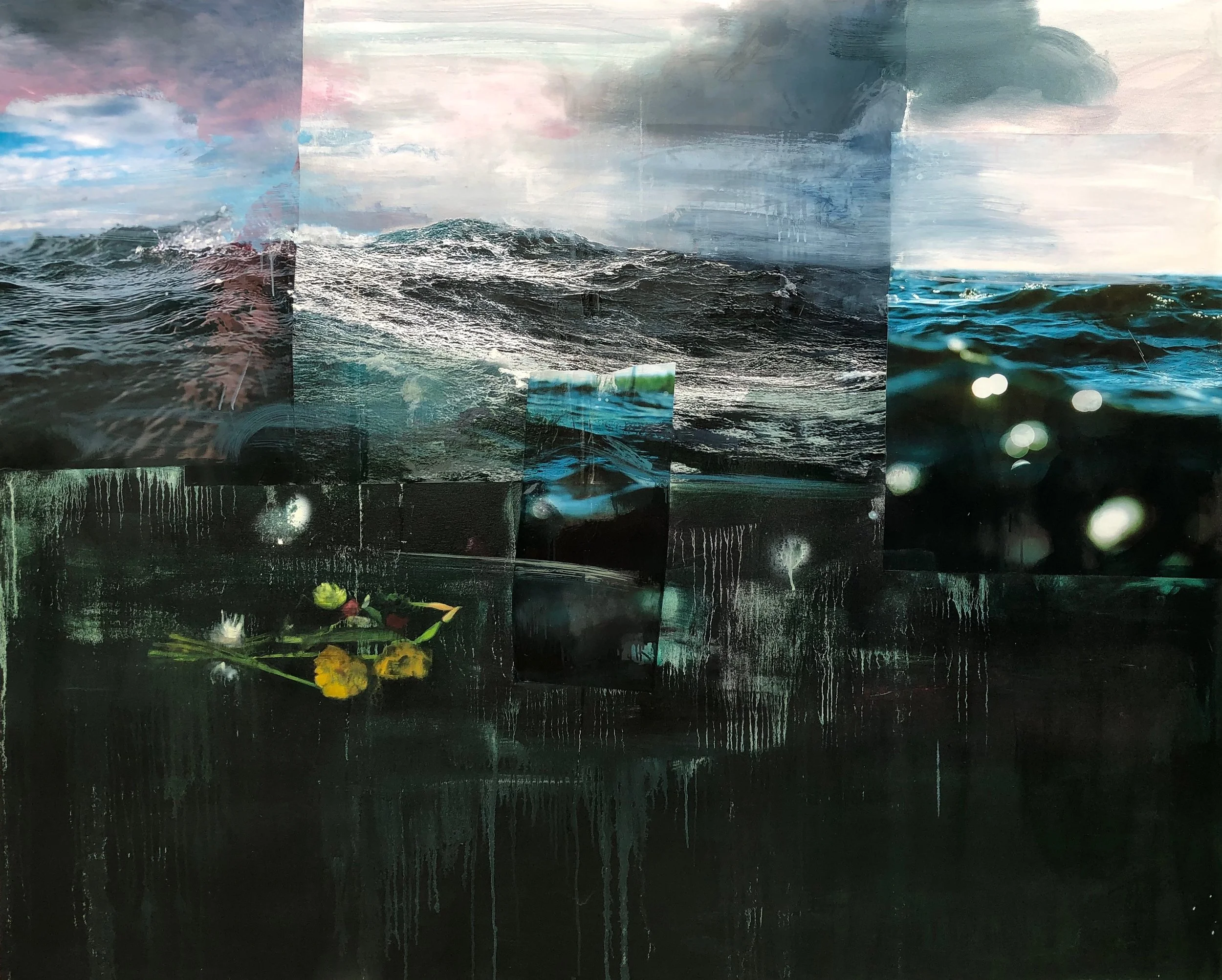 Adrift (left panel of triptych), 2018, oil and collage on canvas, 60” x 48” each