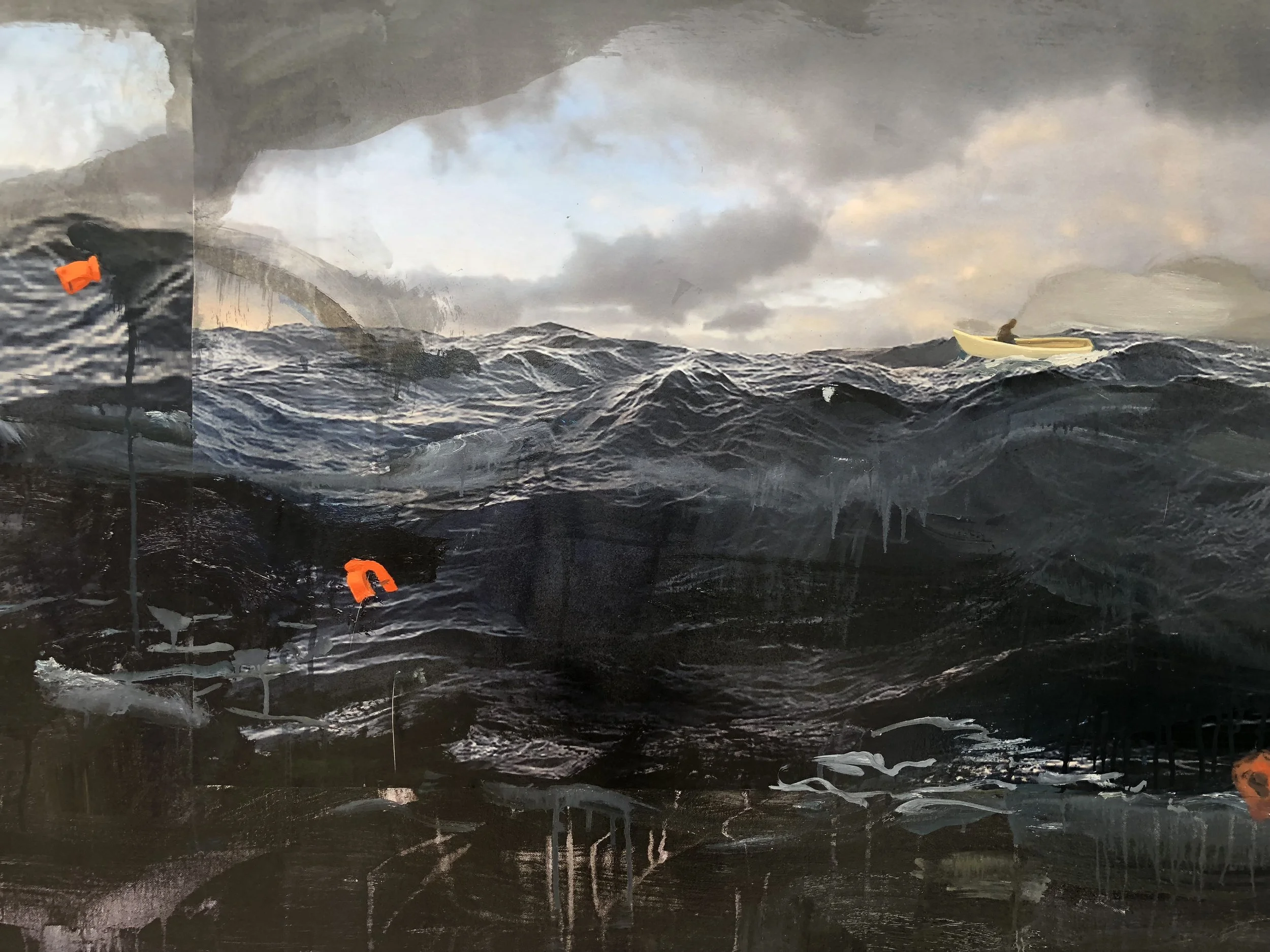 Adrift (center panel of triptych), 2018, oil and collage on canvas, 60” x 48” each