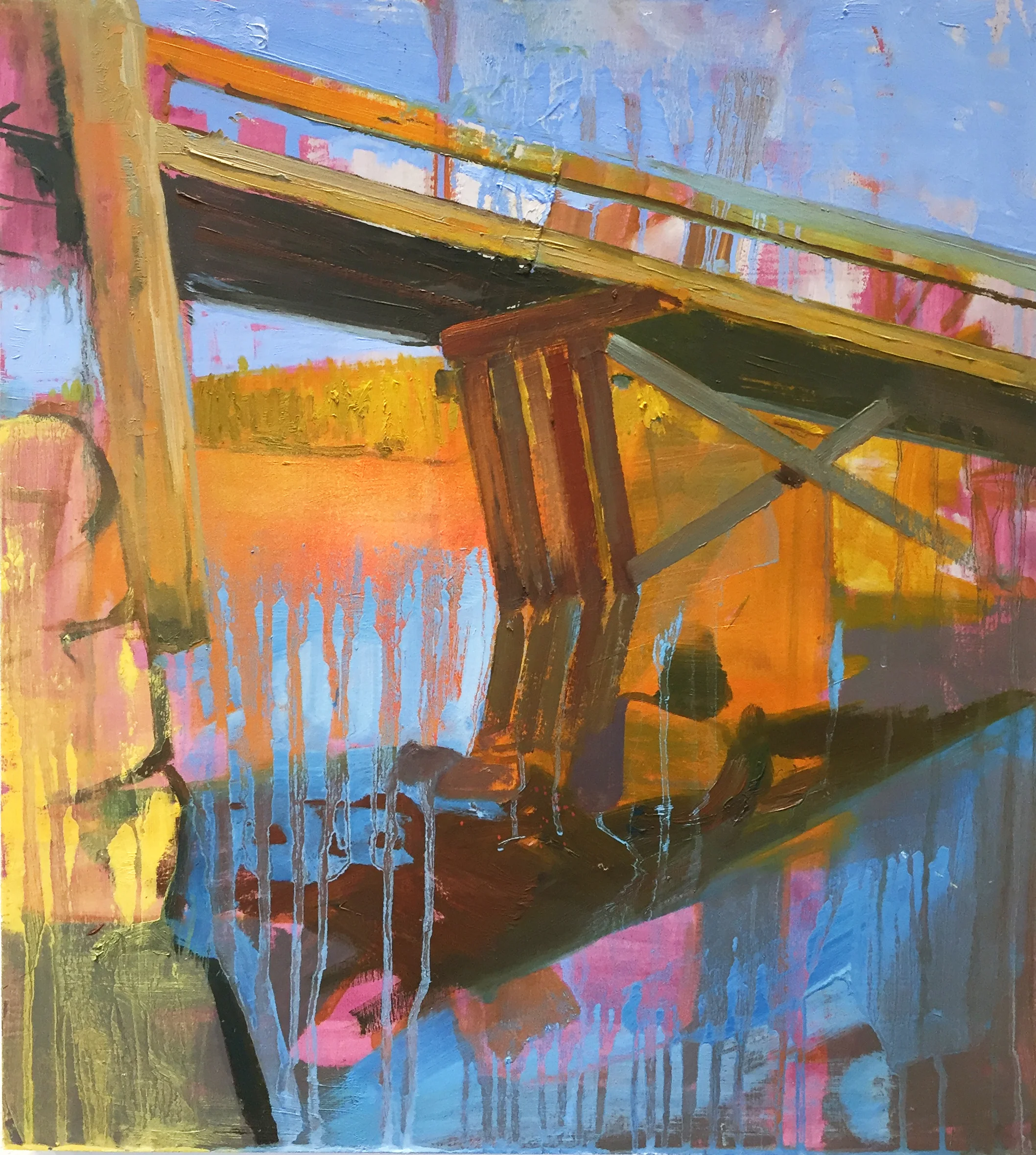 Pink Bridge, 2015, oil and spray paint on panel, 18" x 16"