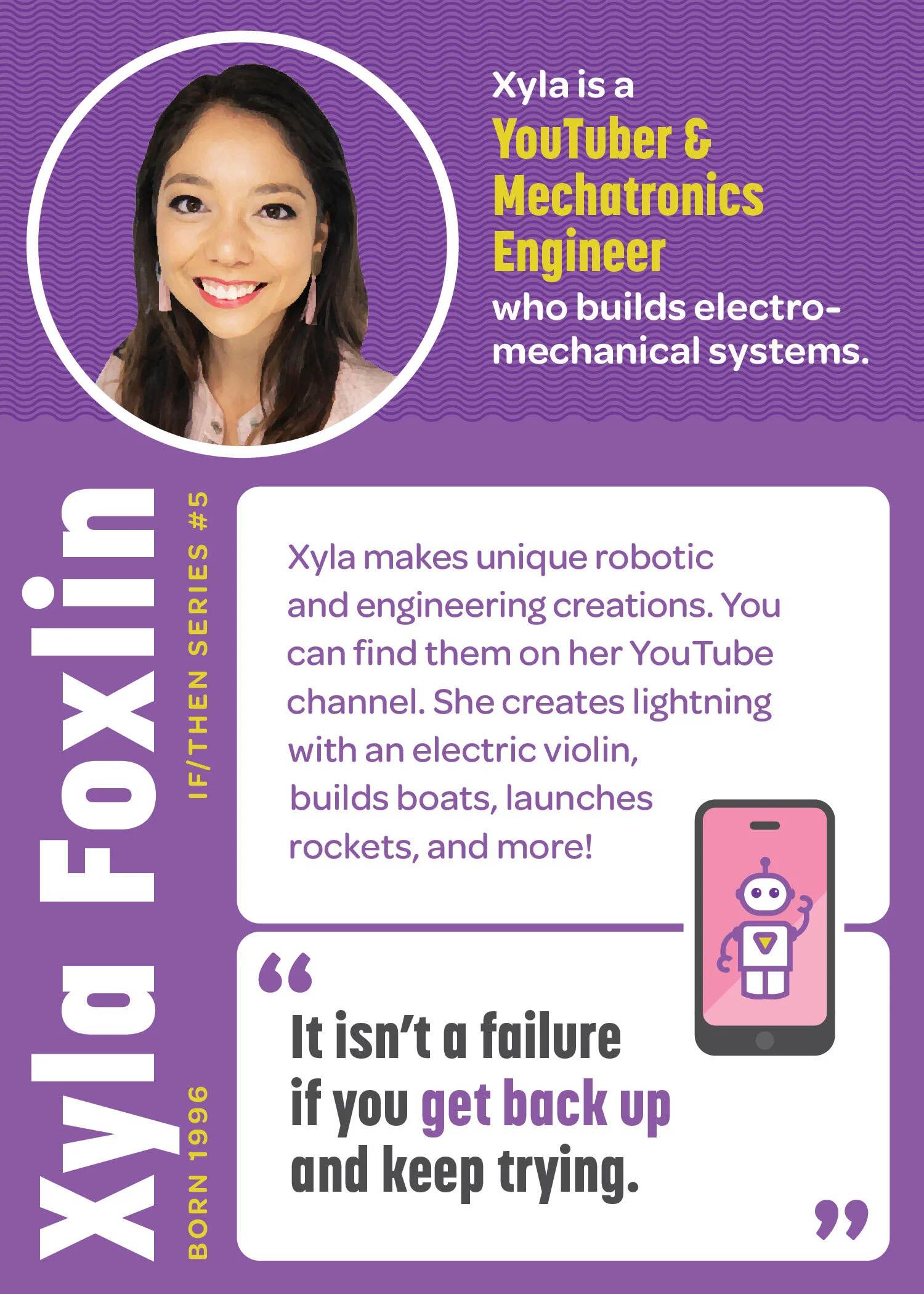 STEM Trading Card for Xyla Foxlin. Born 1996. IF/THEN Series #5. Xyla is a YouTuber &amp; Mechatronics Engineer who builds electromechanical systems.Xyla makes unique robotic and engineering creations. You can find them on her YouTube channel. She c…