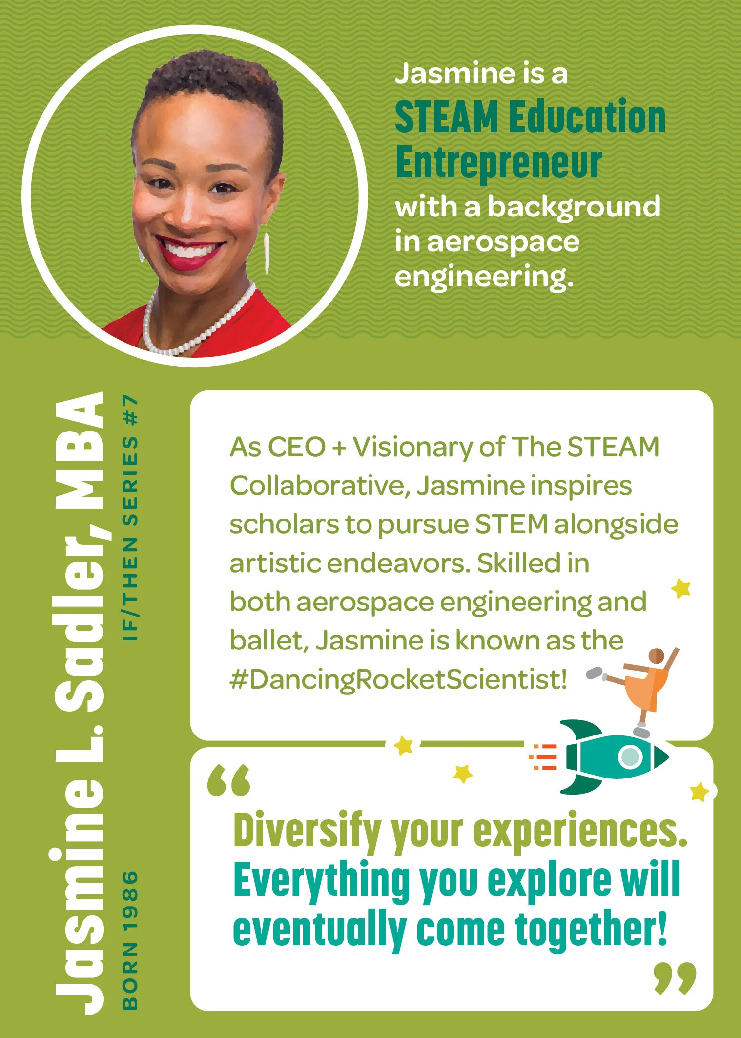 Jasmine L. Sadler’s (MBA) STEM Trading Card Page. Born: 1986. IF/THEN Series #7. Jasmine is a STEAM Education Entrepreneur with a background in aerospace engineering. As a CEO = Visionary of The STEAM Collaborative, Jasmine inspires scholars to purs…