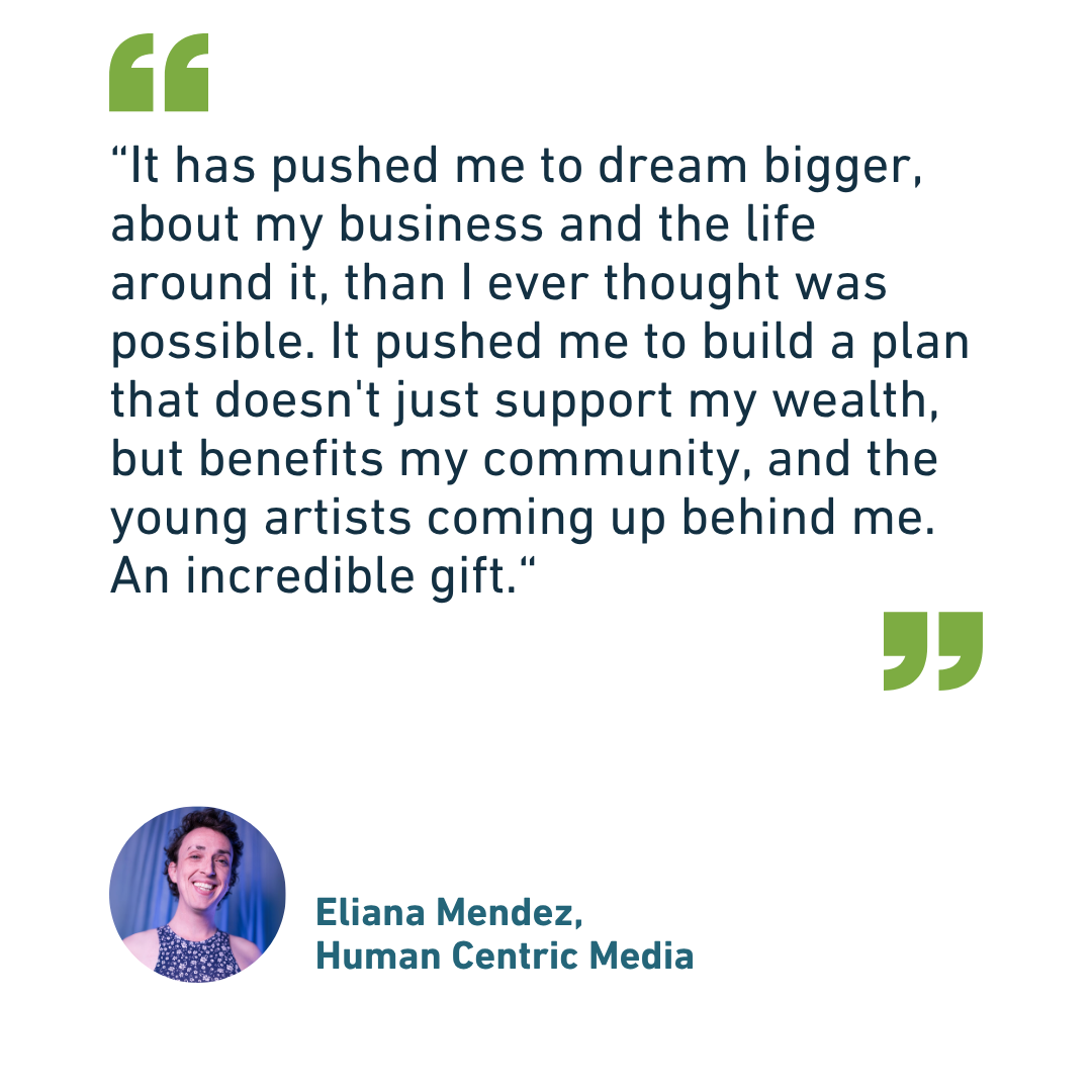 A colorful graphic with a photo of a smiling woman at the bottom left corner, and stylized elements in shades of green, blue, and black.