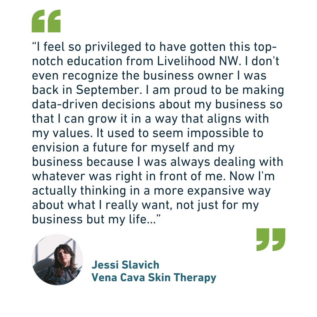 Quote about the benefits of education and data-driven decisions in business, attributed to Jessi Slavich from Vena Cava Skin Therapy, with a small circular portrait of a woman with dark hair, and green quotation marks in the top left and bottom right