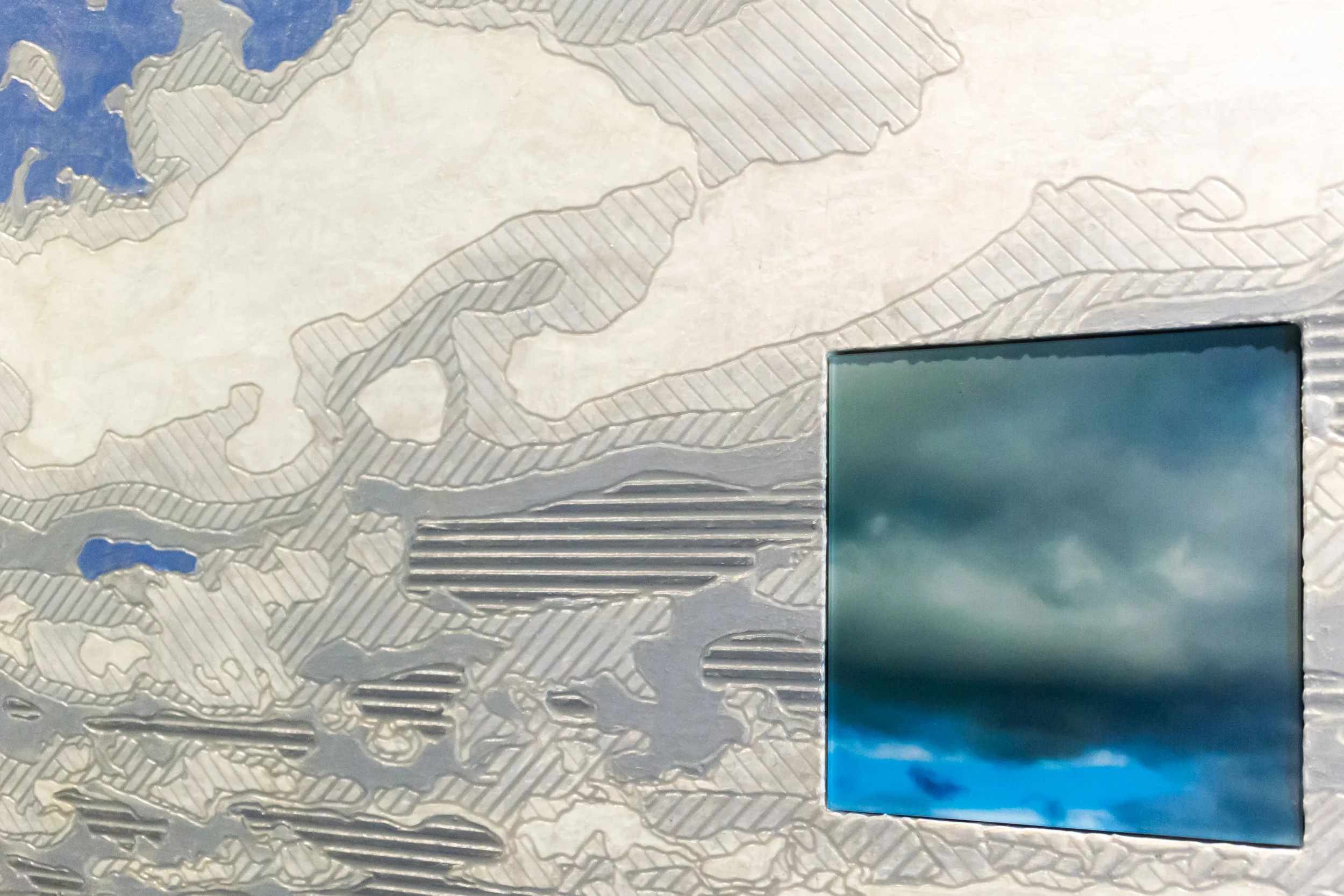 Wide Open Detail. Jacquard tapestry, painted wood relief and digital prints