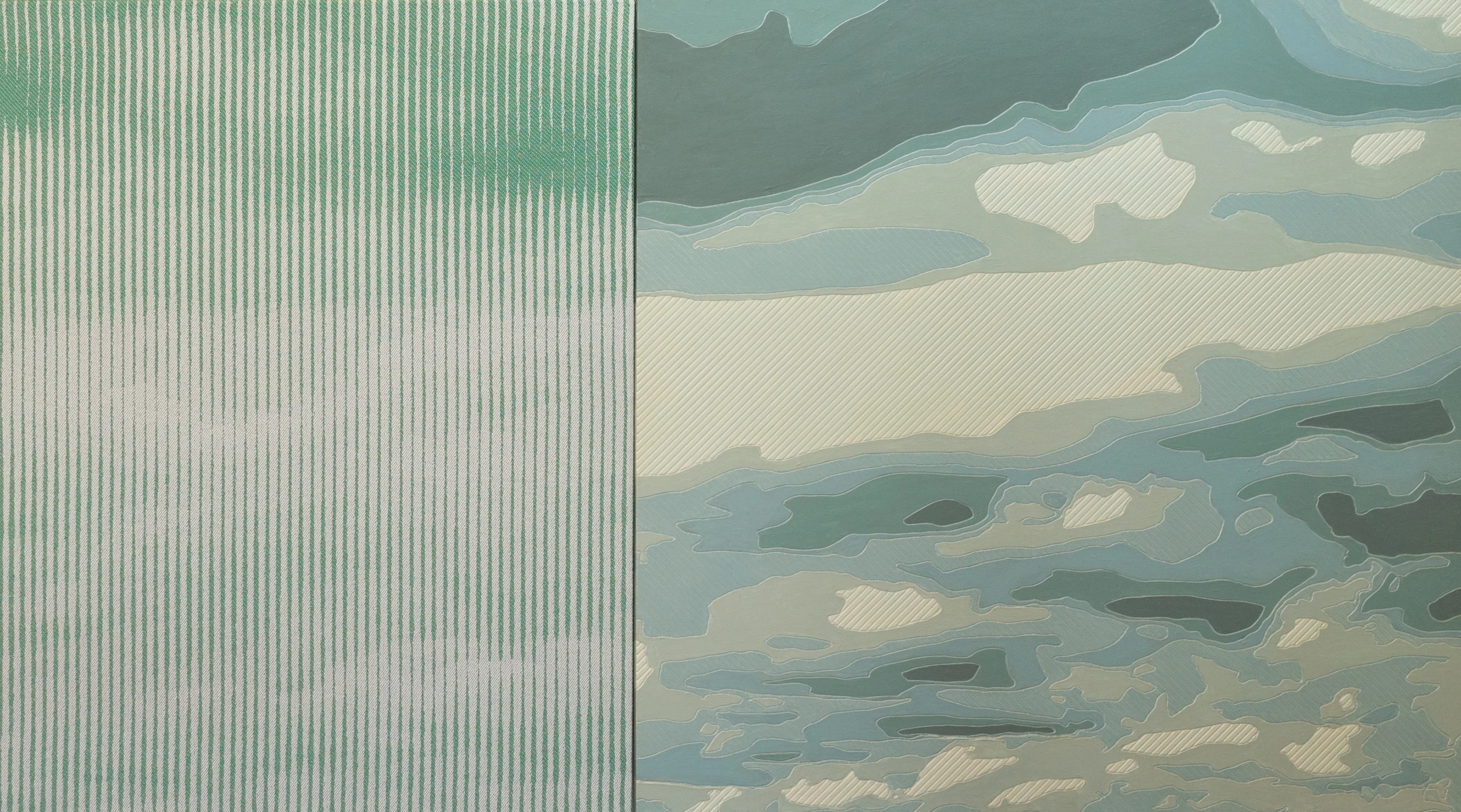 Over Fields - 42" x 24" Jacquard tapestry and painted wood relief