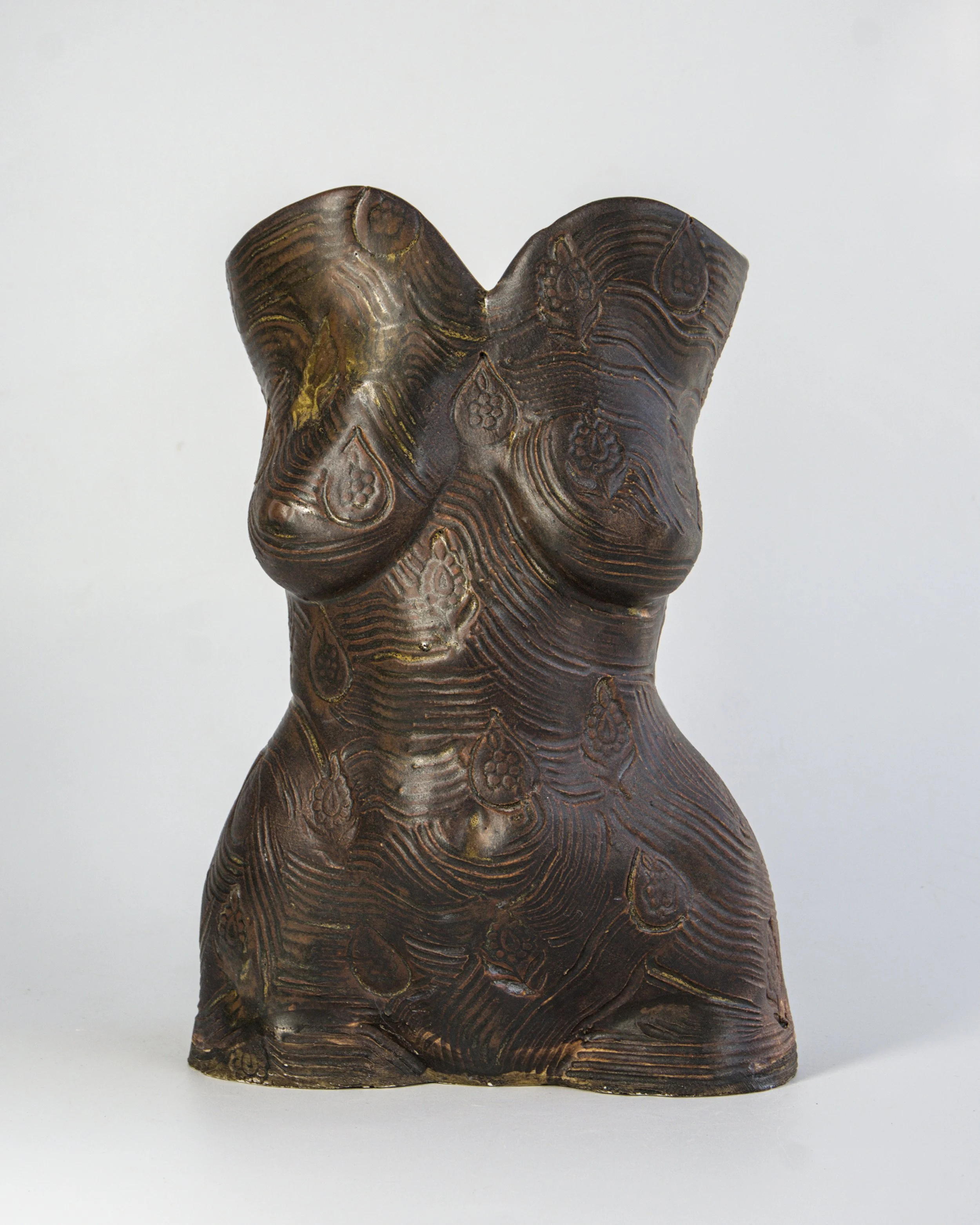 Ceramic figurative vessel, satin brown oxide with imprinted design $295