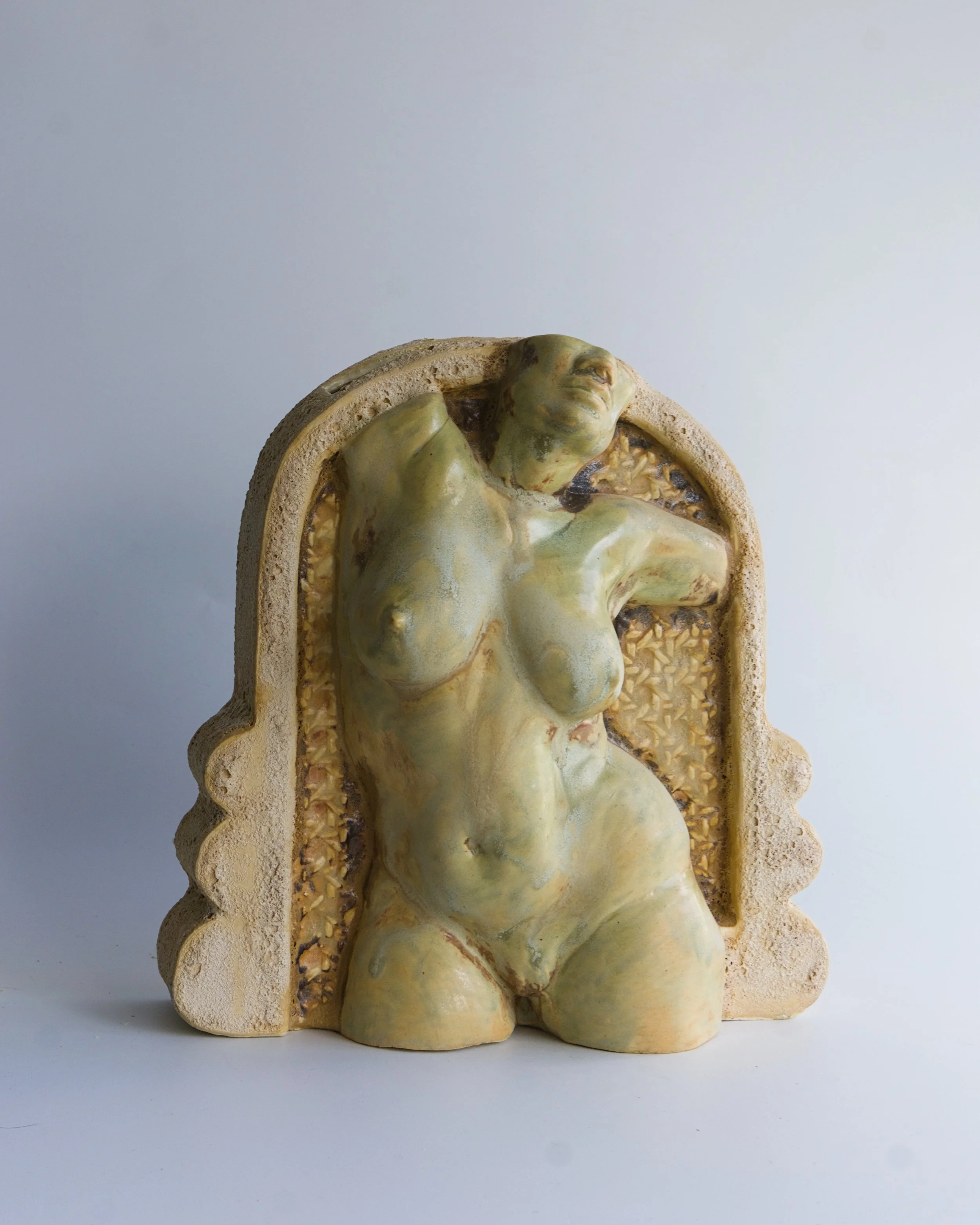 Sculptural ceramic vase, cane-webbing textured backdrop, designed for freestanding or wall-mounted display, various glazes and textures $525