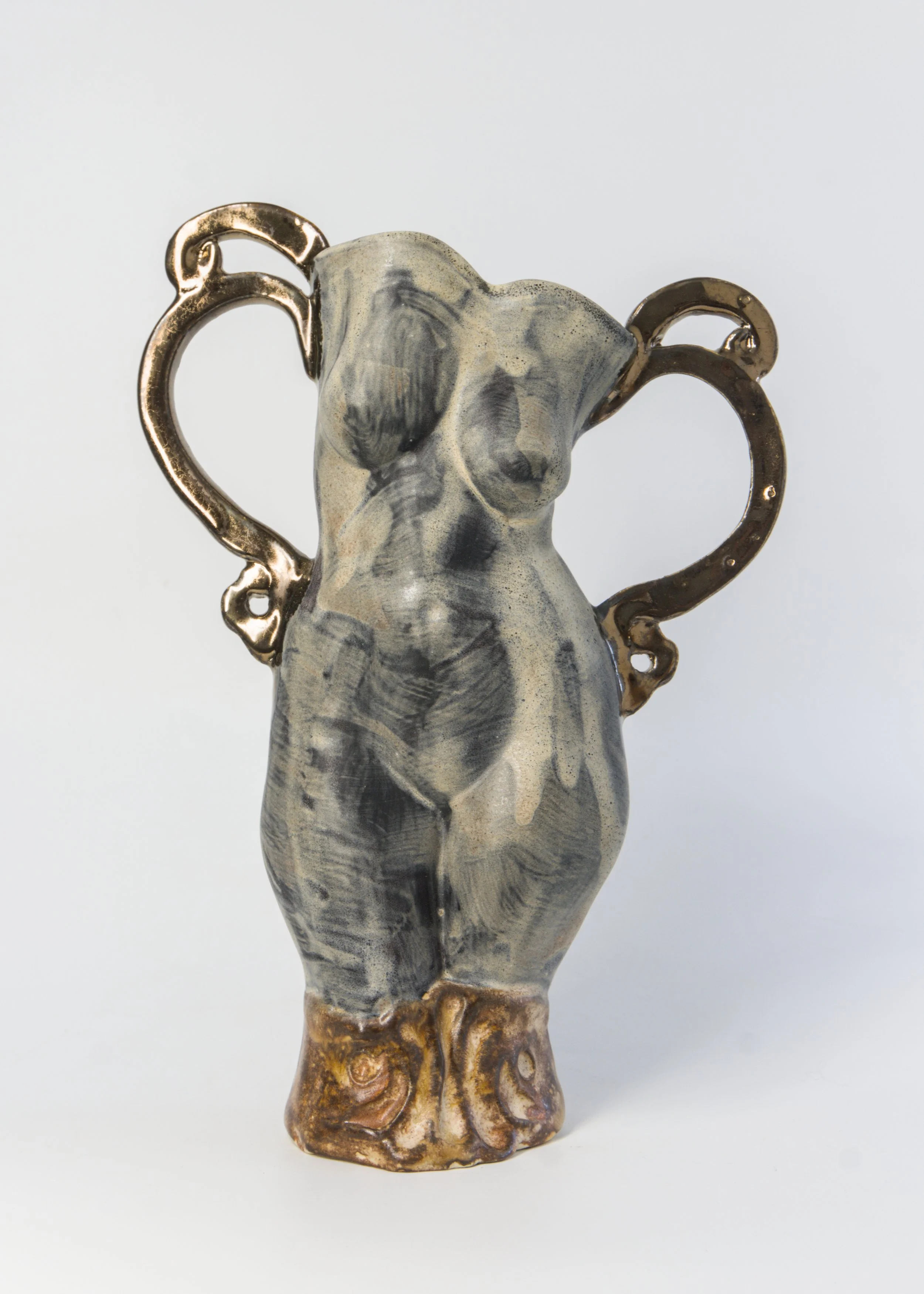 Figurative ceramic vessel, multi-layered glazes, gold glazed handles, rustic pedestal $335