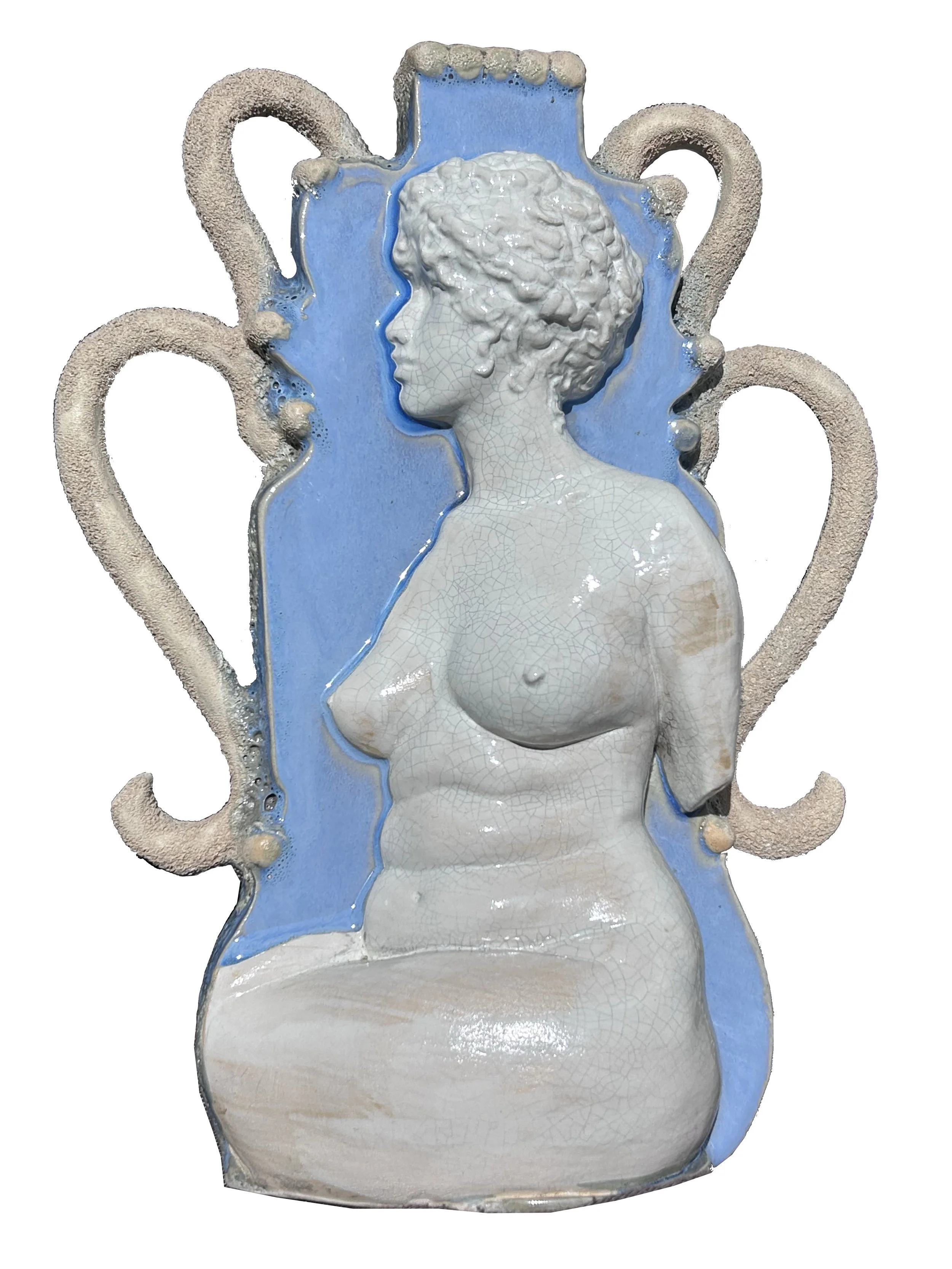 A ceramic figurative watertight vessel developed from an original sculpted form, slipcast and refined with handbuilt details. Crackle glaze, cratered textured handles, and blue backdrop frame the figure. Designed to stand or hang as a functional scul