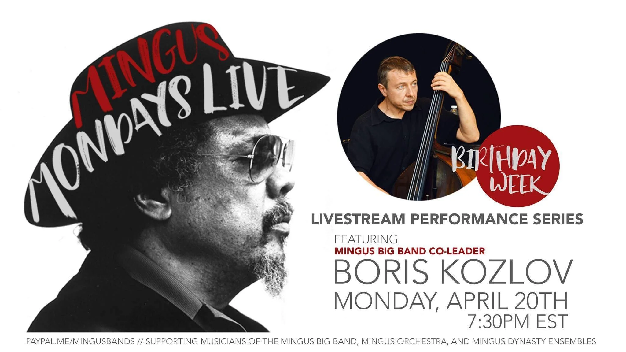 Mingus Mondays - Facebook Livestream Series w/BORIS KOZLOV 7:30pm EST on Charles Mingus FB Page