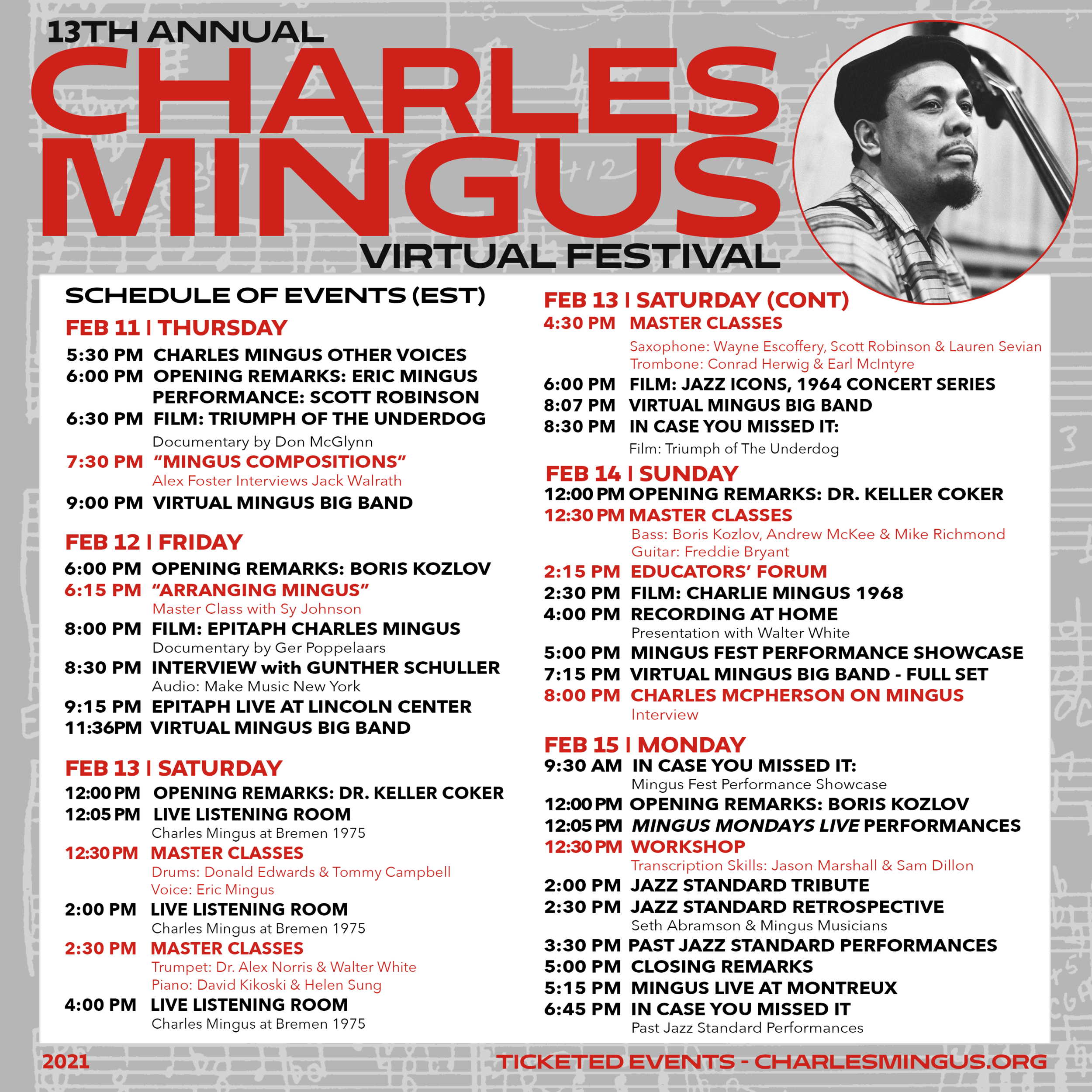 The 13th Annual Charles Mingus Virtual Festival is this weekend! February 11 - 15, 2021