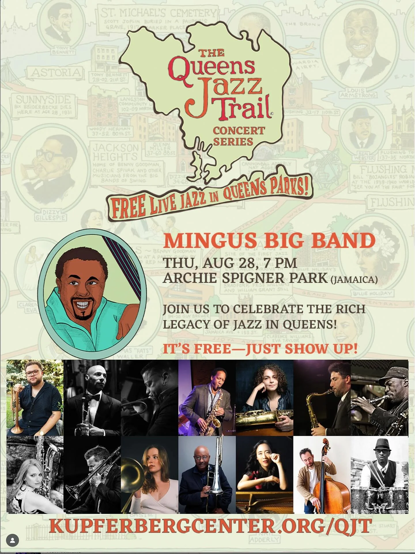 FREE MINGUS BIG BAND:

THIS THURSDAY: Our FINAL Queens Jazz Trail Concert.

Swing by Archie Spigner Park to take in the @mingusbigband, a 14-piece GRAMMY-winning ensemble and NY institution for over 3 decades, in honor of jazz giant @charlesmingusoff