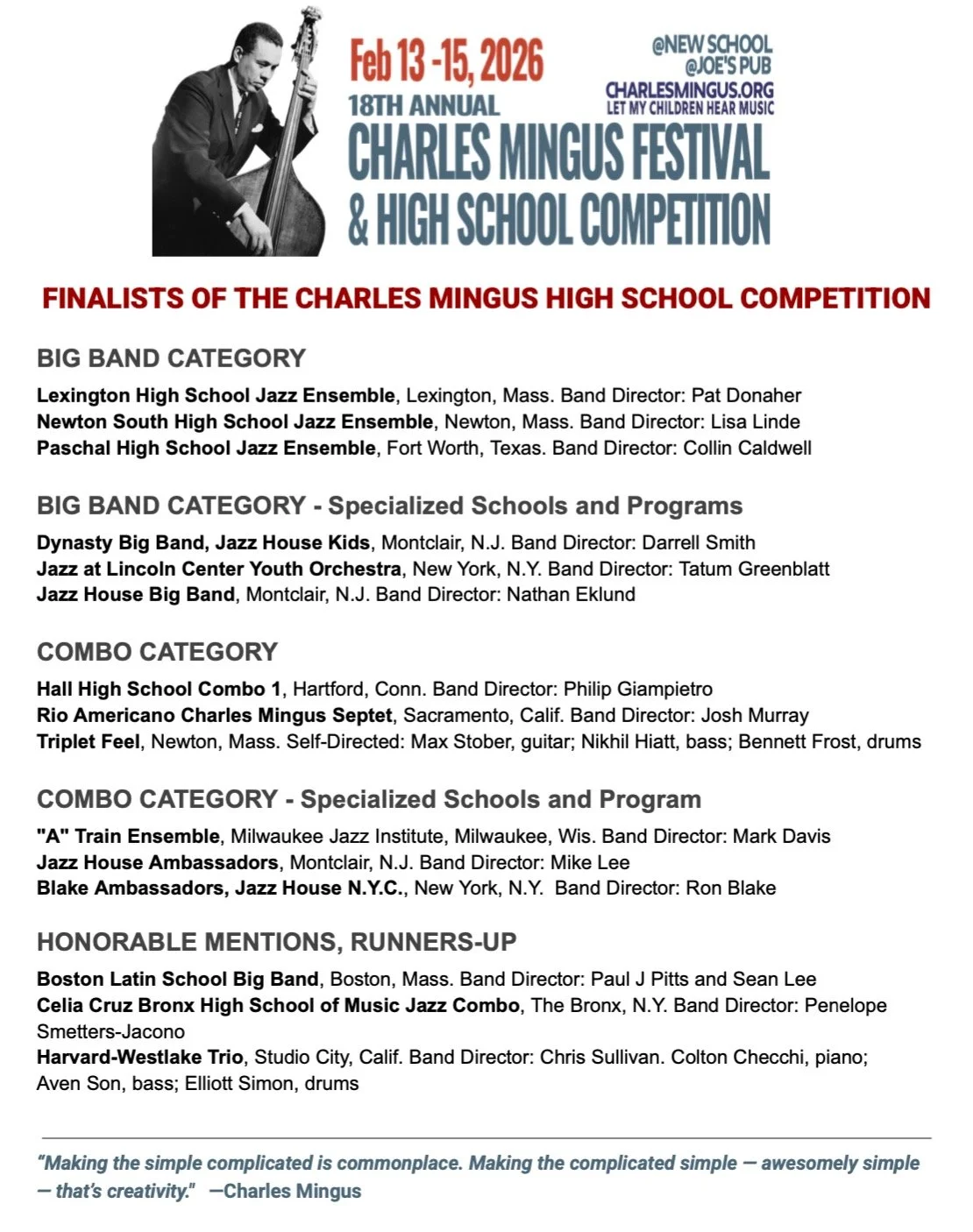 Thrilled to announce the finalists for the 18th Annual Charles Mingus Festival and High School Competition! Festival takes place Feb 13-15, 2026 and there are many events free and open to the public and livestreamed! Plus Mingus Big Band @mingusbigba