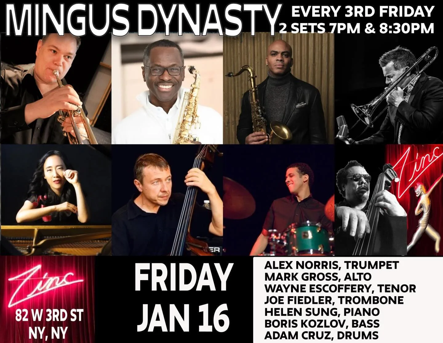 Mingus Dynasty TONIGHT at 7 and 8:30pm!
Playing the incredible and necessary music of @charlesmingusofficial 

TRUMPET	Alex Norris
ALTO SAXOPHONE	Mark Gross
TENOR SAXOPHONE	Wayne Escoffery
TROMBONE	Joe Fiedler
PIANO	Helen Sung
BASS	Boris Kozlov
DRUMS