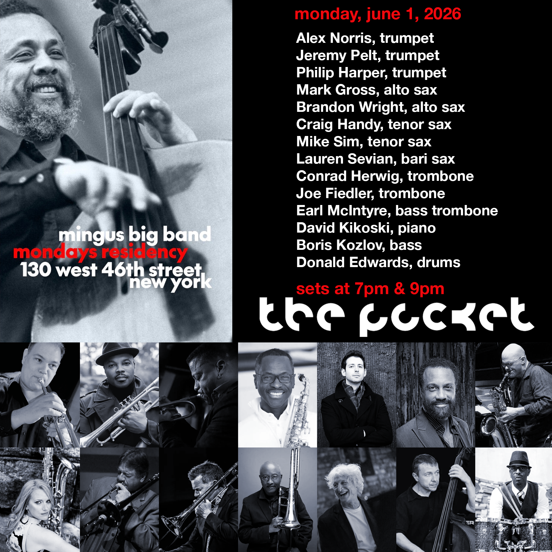 New Mingus Big Band residency! Mingus Mondays start June 1ST at Pocket Jazz Club in Midtown