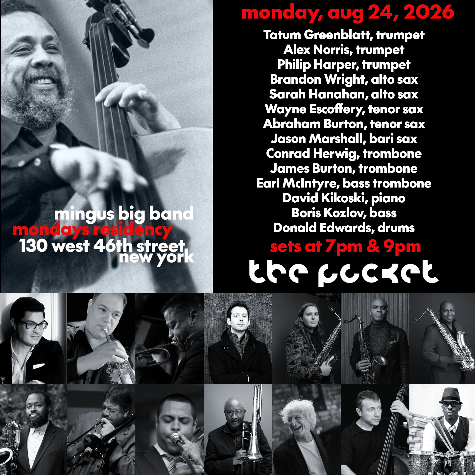 Mingus Big Band Aug 24 at The Pocket Jazz Club