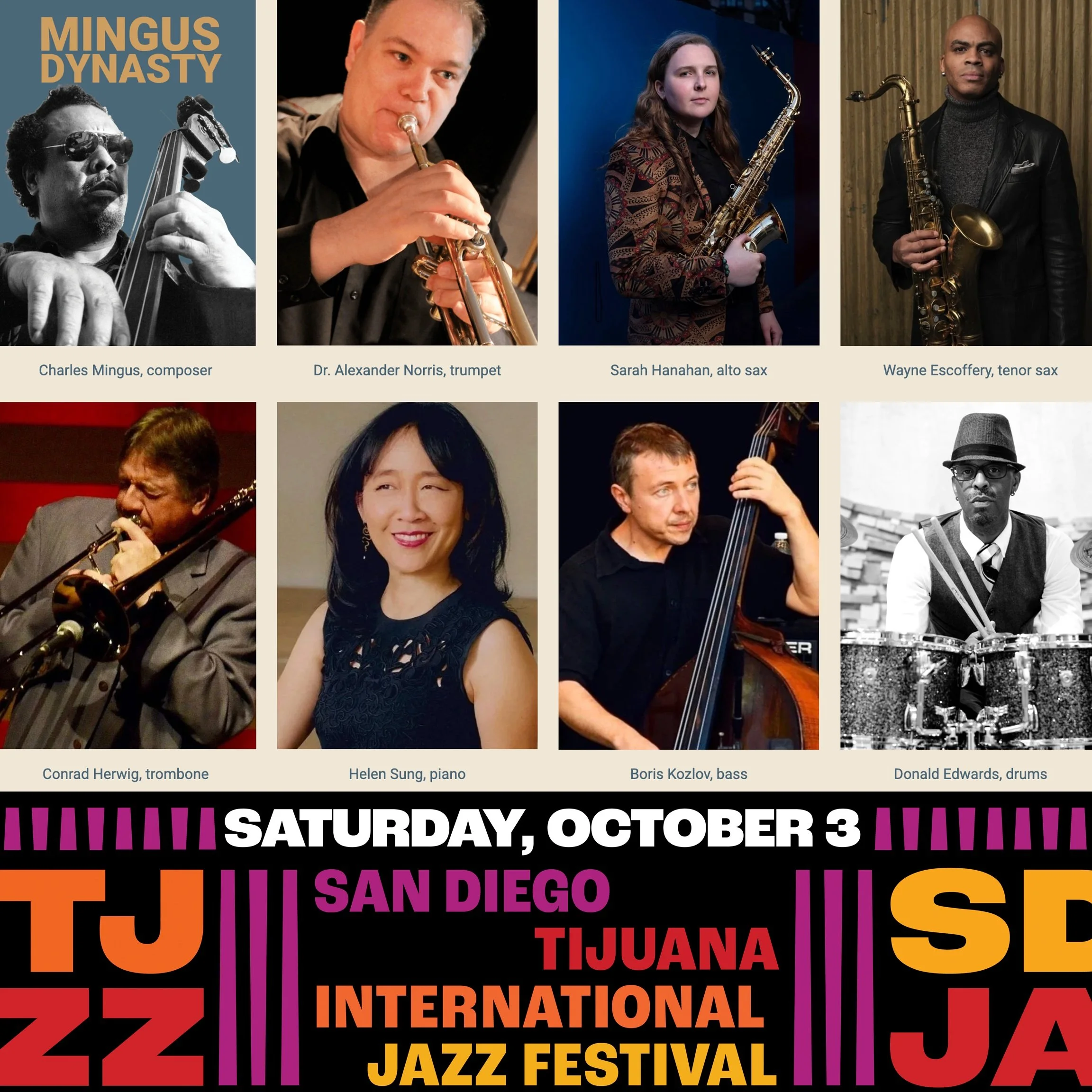 Mingus Dynasty is excited to be performing at the San Diego Tijuana International Jazz Festival this fall! October 3rd at the marquee event at the California Center for the Arts, Escondido. Tickets are on sale now at SDTJJAZZ.ORG.
Also performing on 
