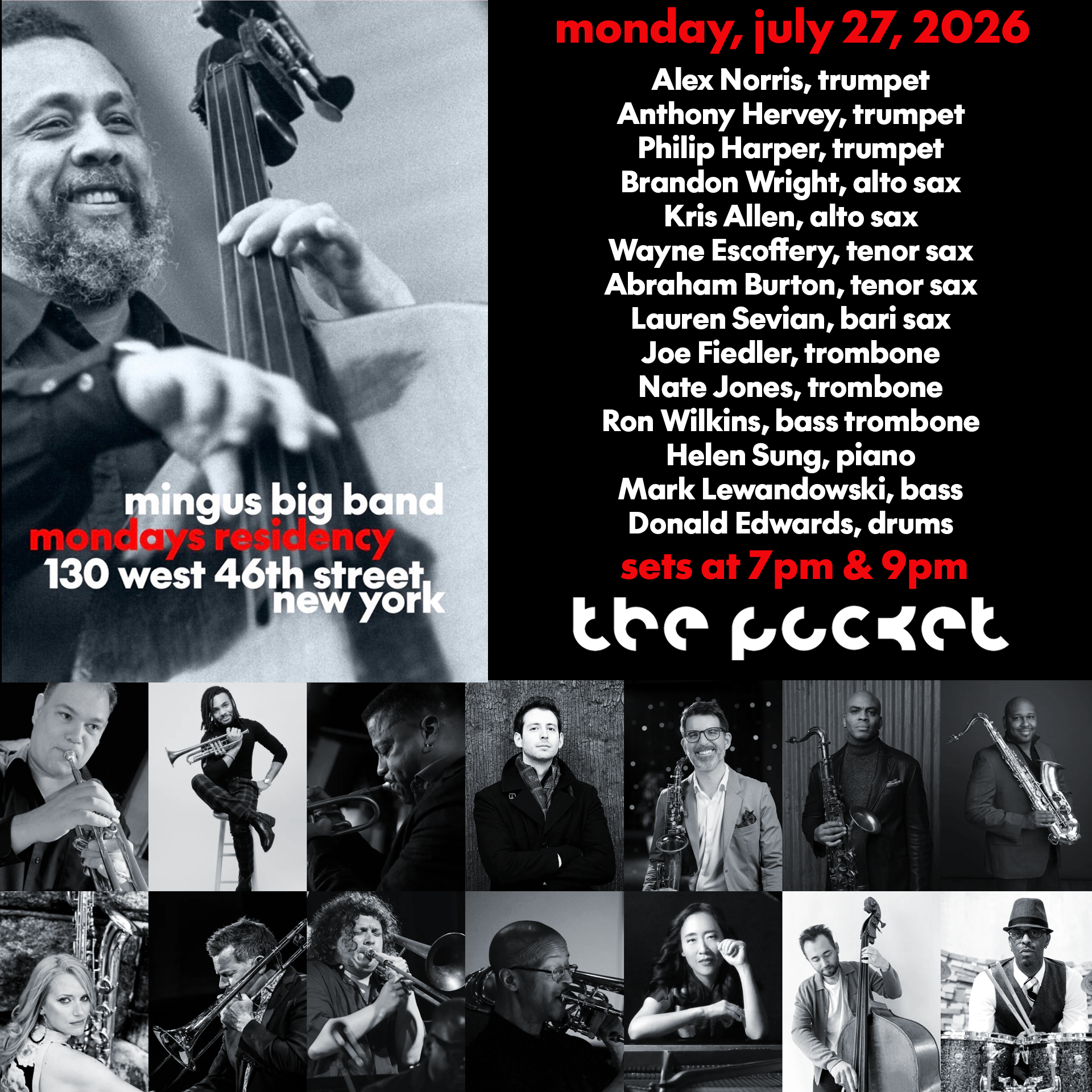 Mingus Big Band July 27 at The Pocket Jazz Club