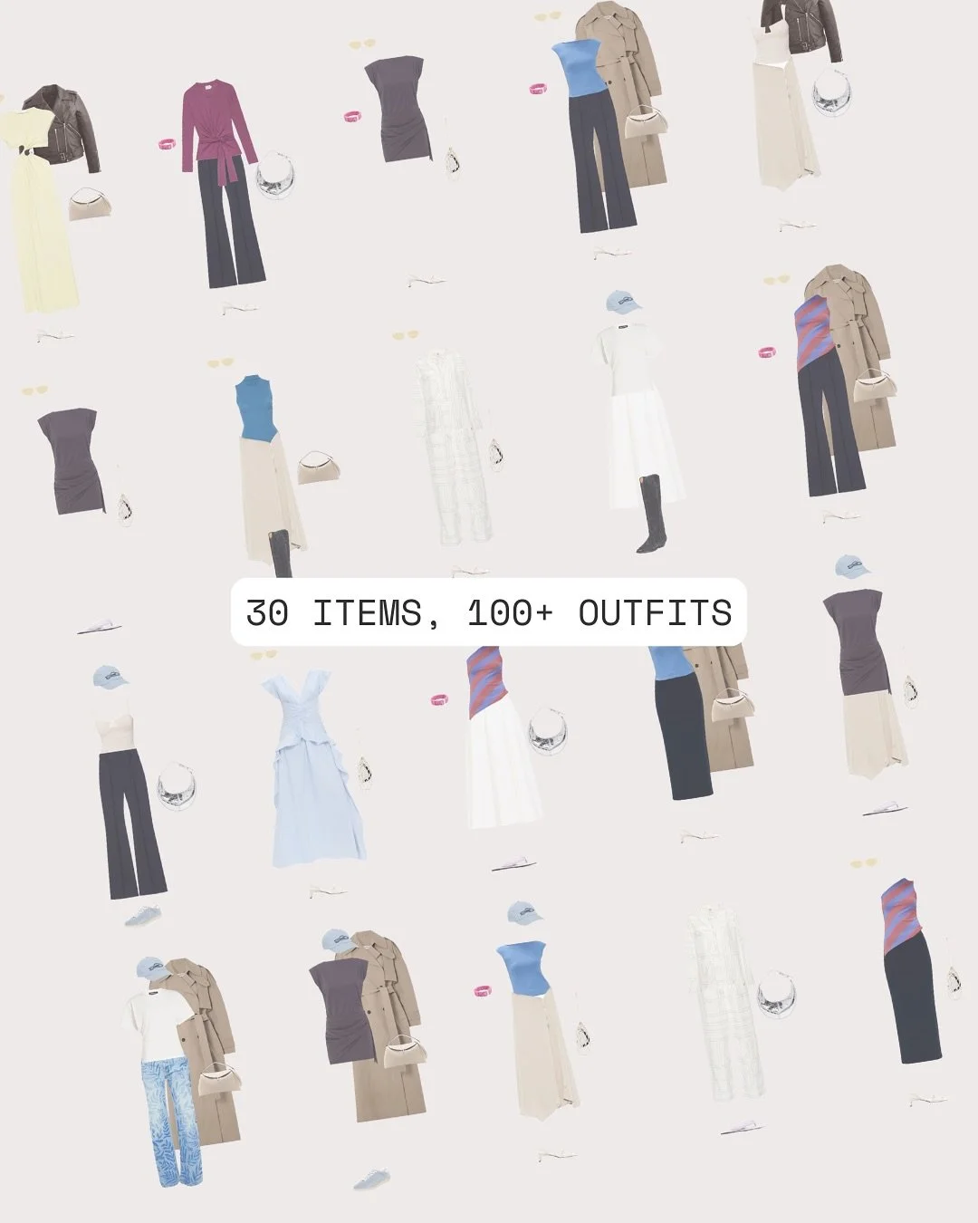 You don&rsquo;t need more clothes. You just need the right ones.

This 30-item wardrobe was designed for a curvy, elongated body type and cool + light color palette with a sporty, elegant, and fun core style. The result? Over 100 outfit combinations 