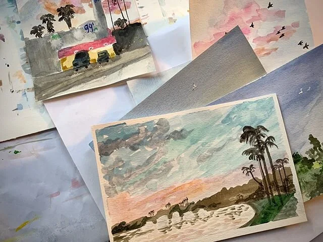 Pretty much always dreaming of palm trees, water, and sunsets. What can I say, I&rsquo;m pretty basic 🤷🏻&zwj;♀️ but I like what I like!
.
.
.
.
.
#watercolorartist #artisnotcancelled #californiaartist #worksonpaper #womenwhopaint #mamaswhopaint #wa