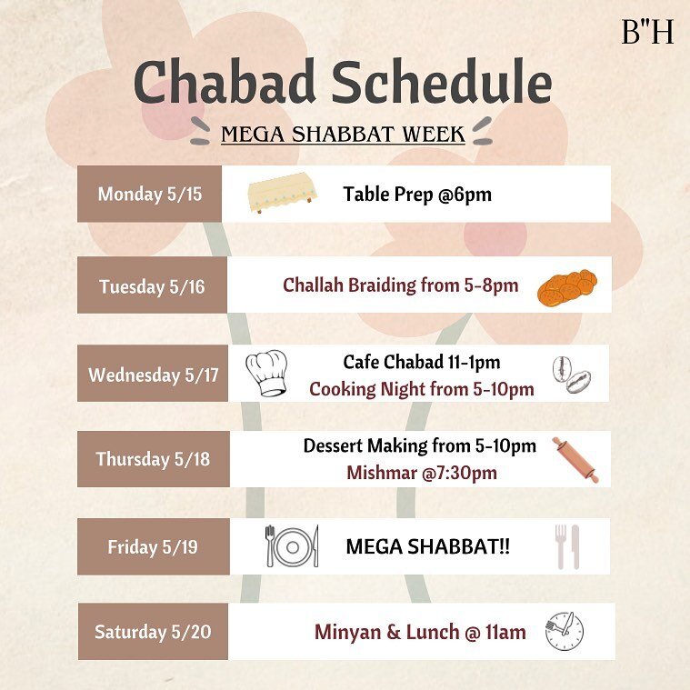 Want to help us prep for Mega Shabbat this week?? Stop by at any time for any of our prep events and help out :) We cannot wait to see you all!! 🥰😎

Also do not forget to RSVP!! 
Last day to RSVP is tomorrow night (5/16) @7pm!!