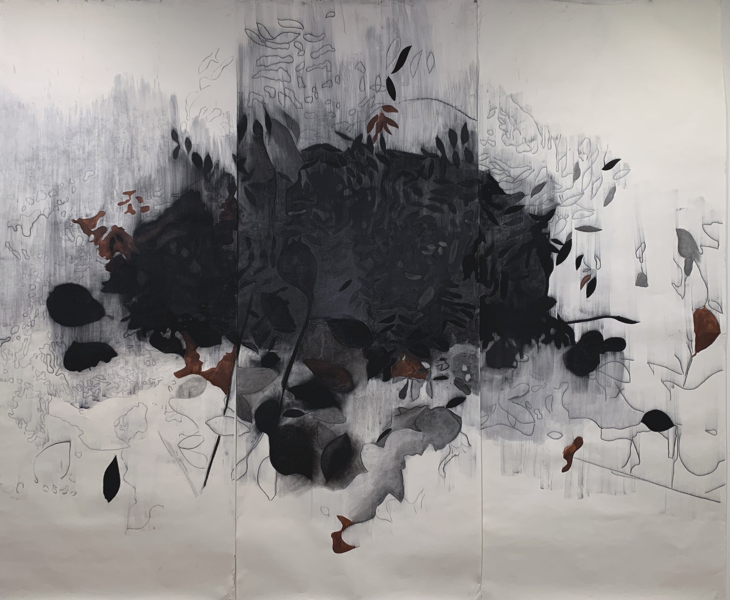 Black Eden .Charcoal and sepia ink on paper, 96”x106”, 2021-25