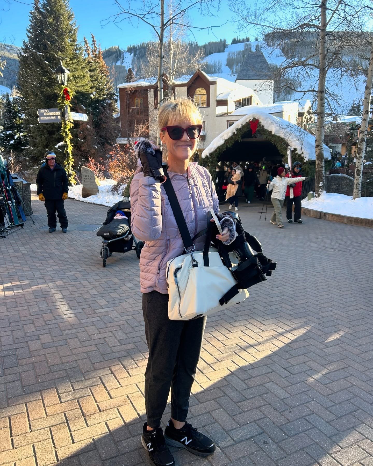 Strolling through Vail Village and caught with my pants down&hellip; 🫣 Take a peek at my exterior and interior kits for on the mountain 🏂 I&rsquo;m doubled up with @donjoystore for knee safety&hellip; plus heated socks, wrist guards, an ankle brace