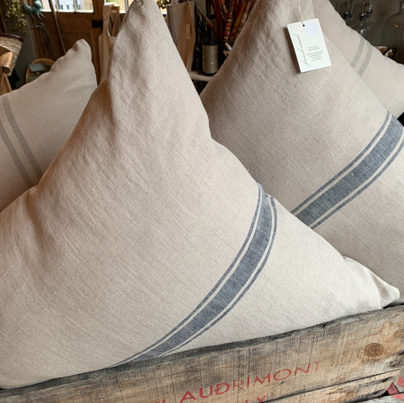 I4 French Consul linen grain sack cushions Bien/navy -Favourite/grey $149-$169