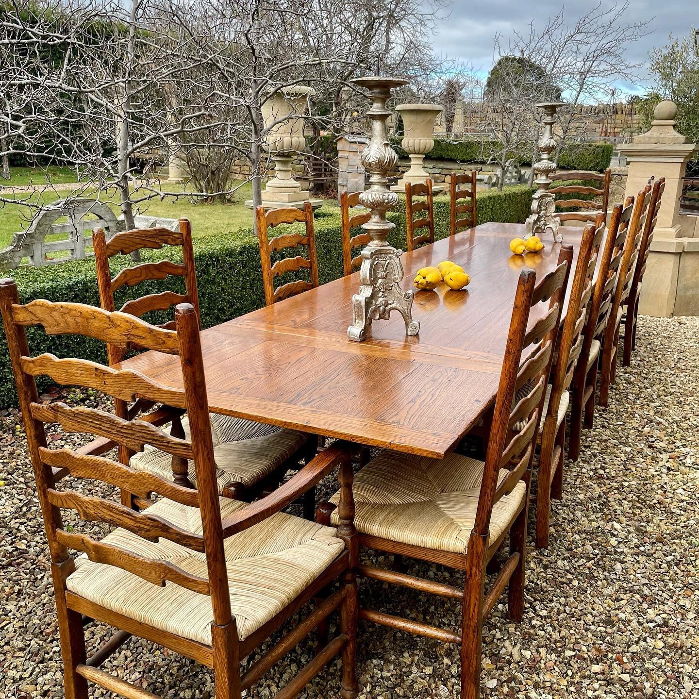 Its never too early to start thinking about Christmas lunch and how you are going to seat every one in style!This fabulous ex Sally Beresford @french_farmhouse_tables 3.6 m long French oak extension table and set of 12 rush seat oak ladder back dinin