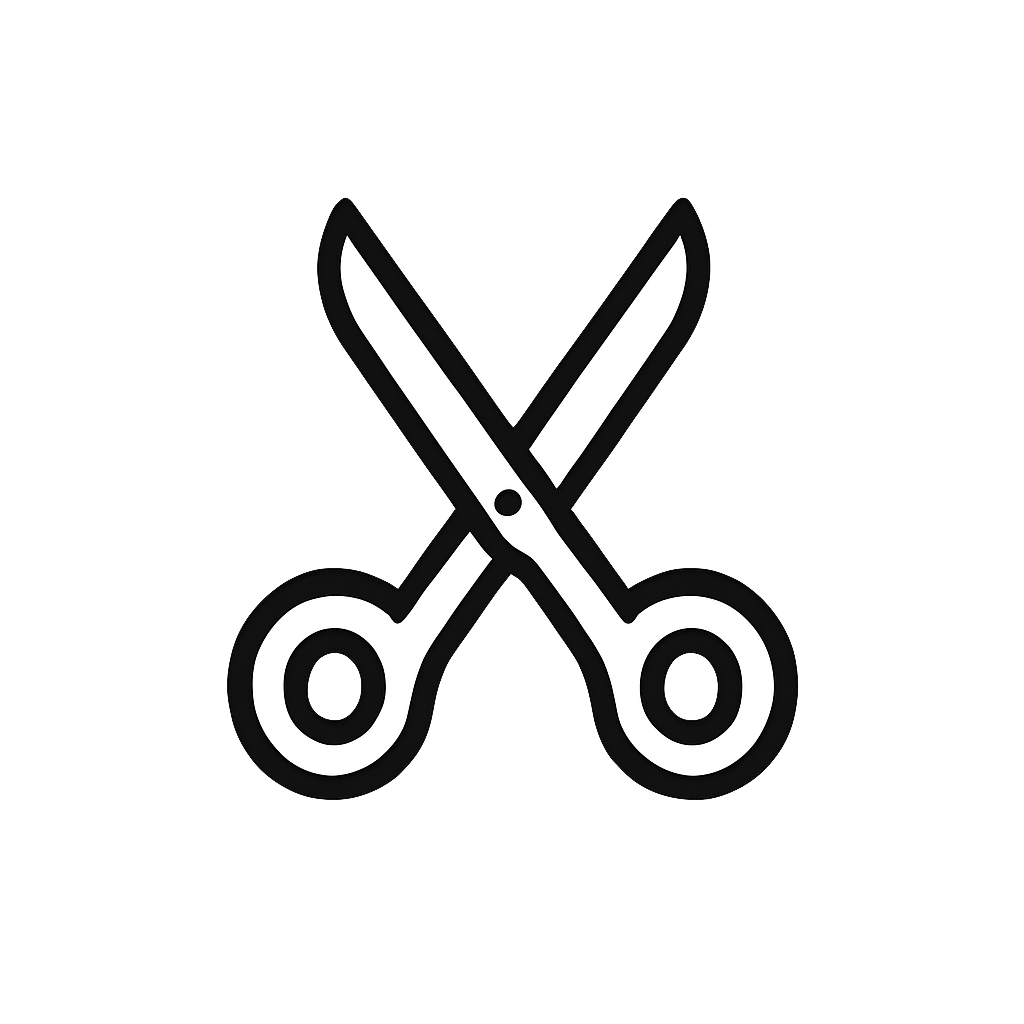 Icon of two white scissors crossing each other on a black background.