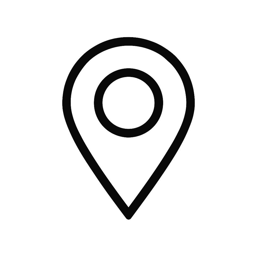Black and white map location pin icon.